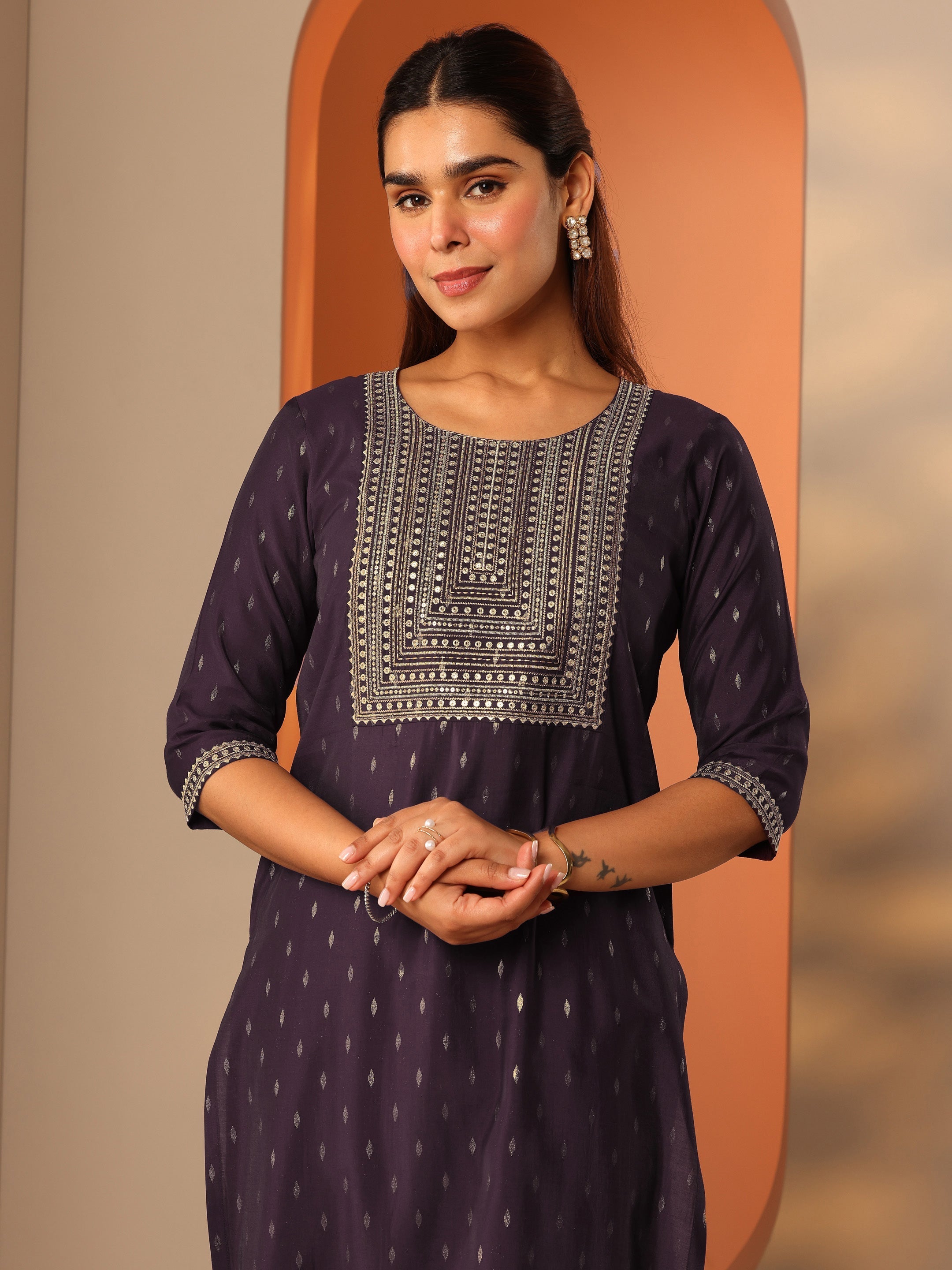 Burgundy Embellished Silk Blend Straight Kurta Set