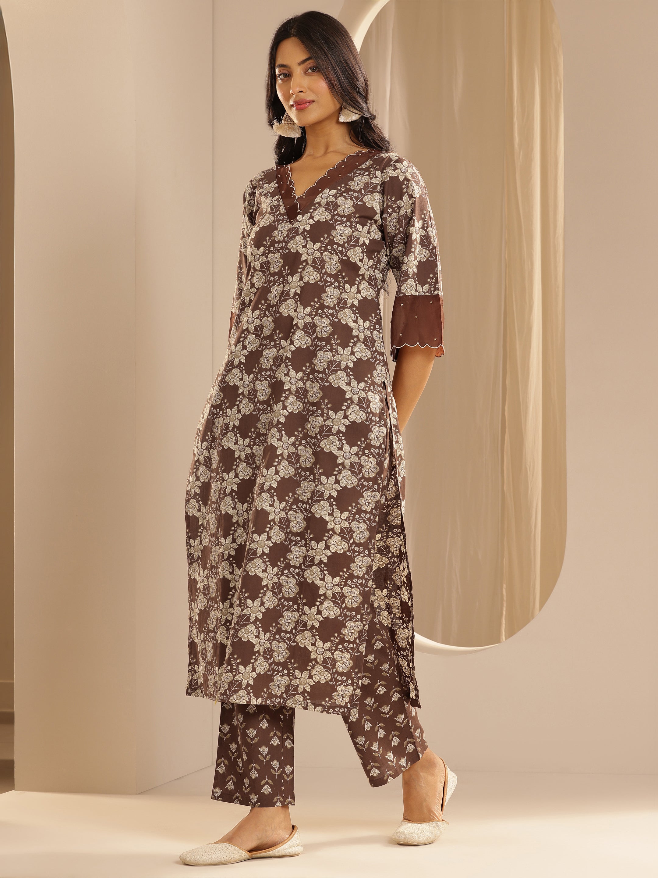 Brown Printed Cotton Straight Kurta Set