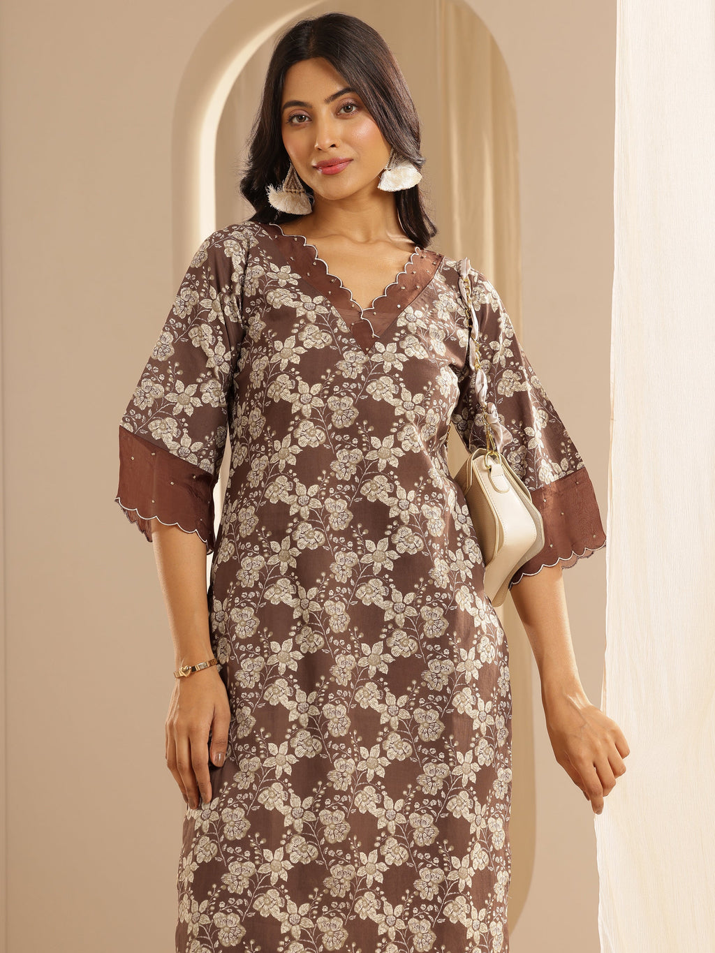 Brown Printed Cotton Straight Kurta Set