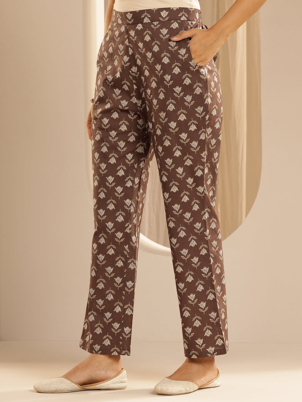 Brown Printed Cotton Straight Kurta Set