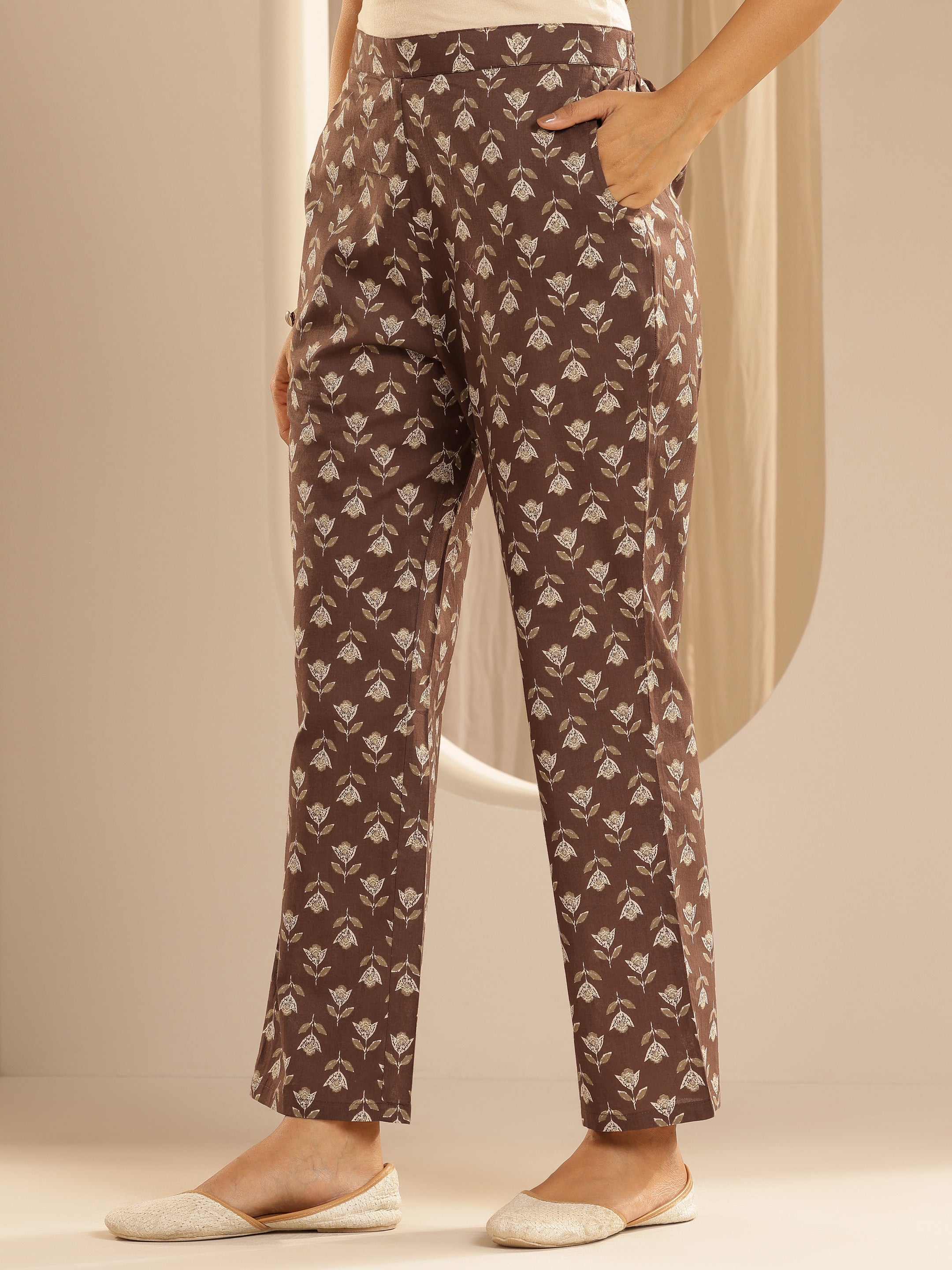 Brown Printed Cotton Straight Kurta Set