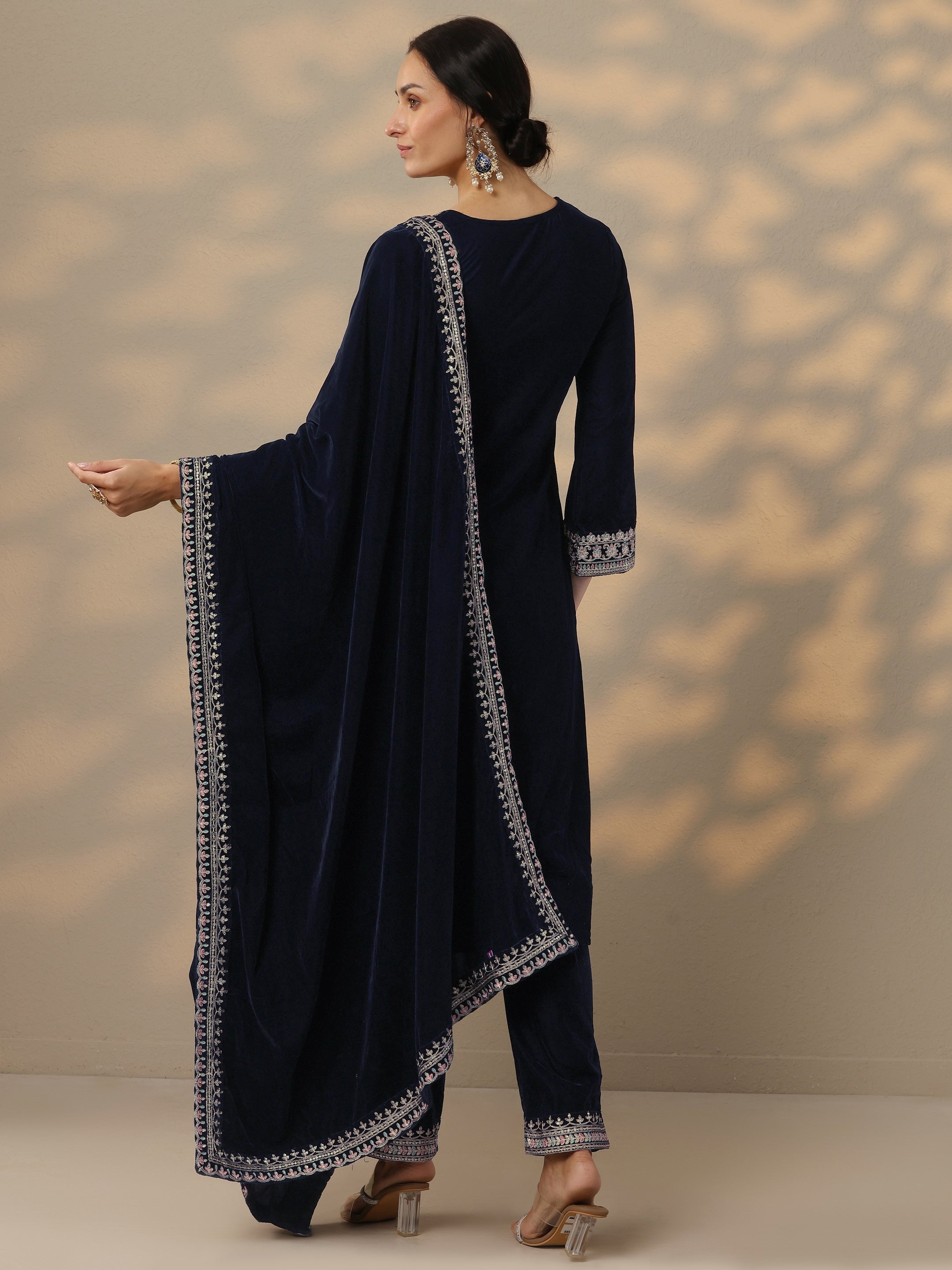 Blue Embroidered Velvet Straight Suit Set With Dupatta