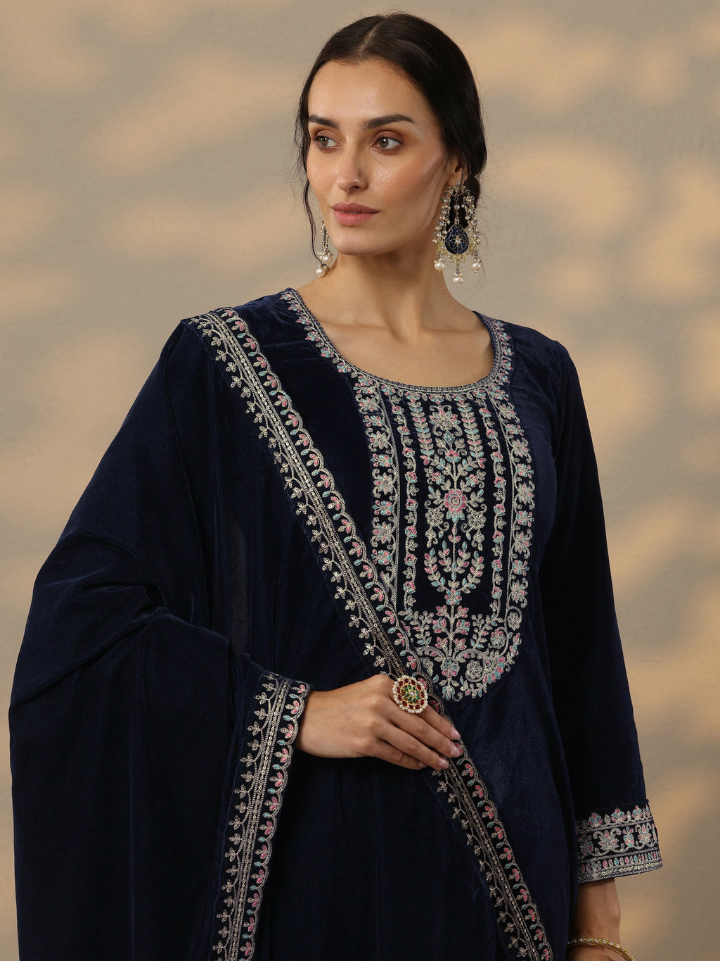 Blue Embroidered Velvet Straight Suit Set With Dupatta