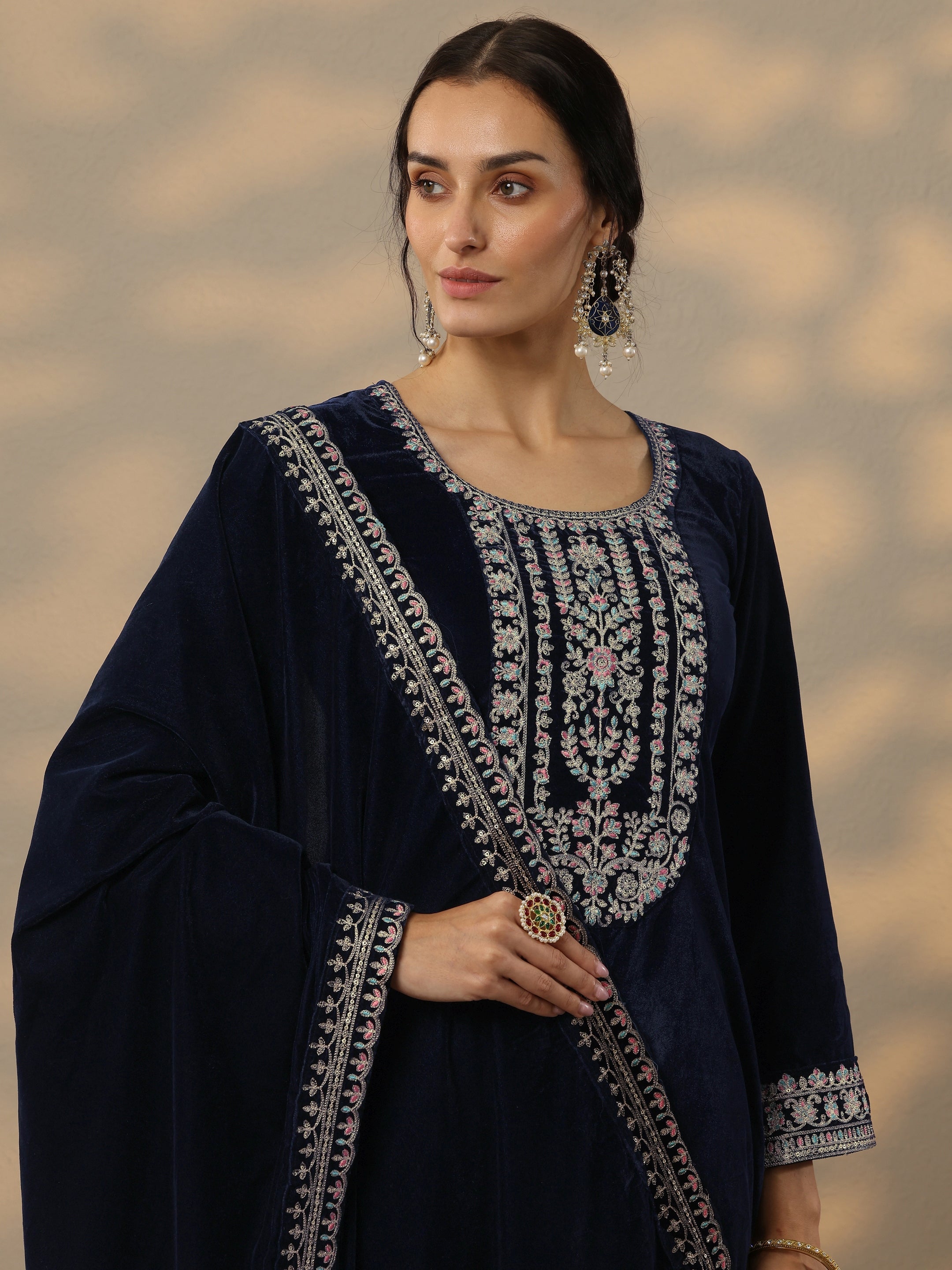 Blue Embroidered Velvet Straight Suit Set With Dupatta