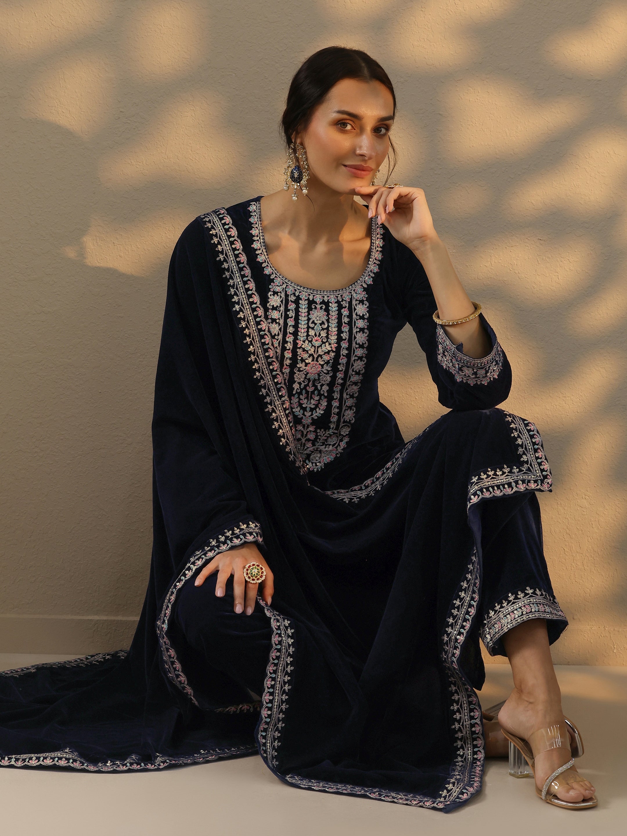 Blue Embroidered Velvet Straight Suit Set With Dupatta