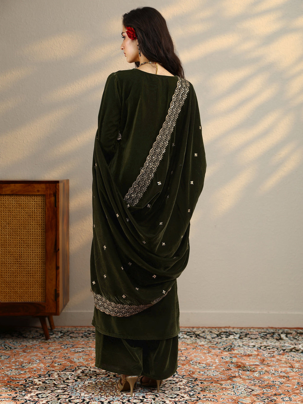 Green Yoke Design Velvet Straight Suit Set With Dupatta