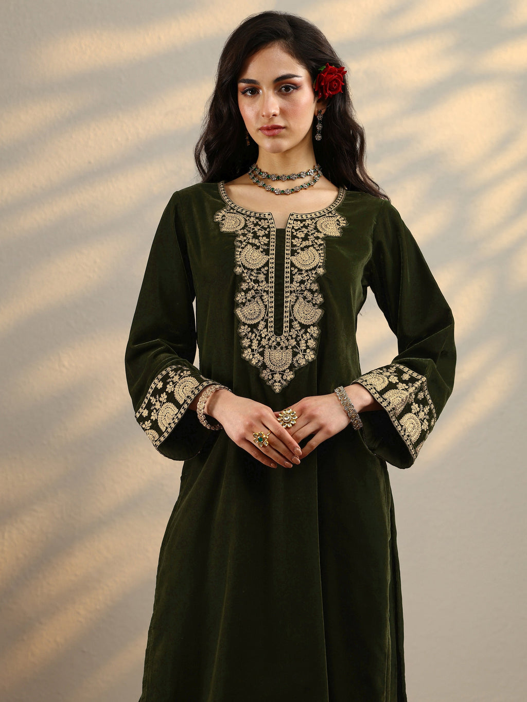 Green Yoke Design Velvet Straight Suit Set With Dupatta