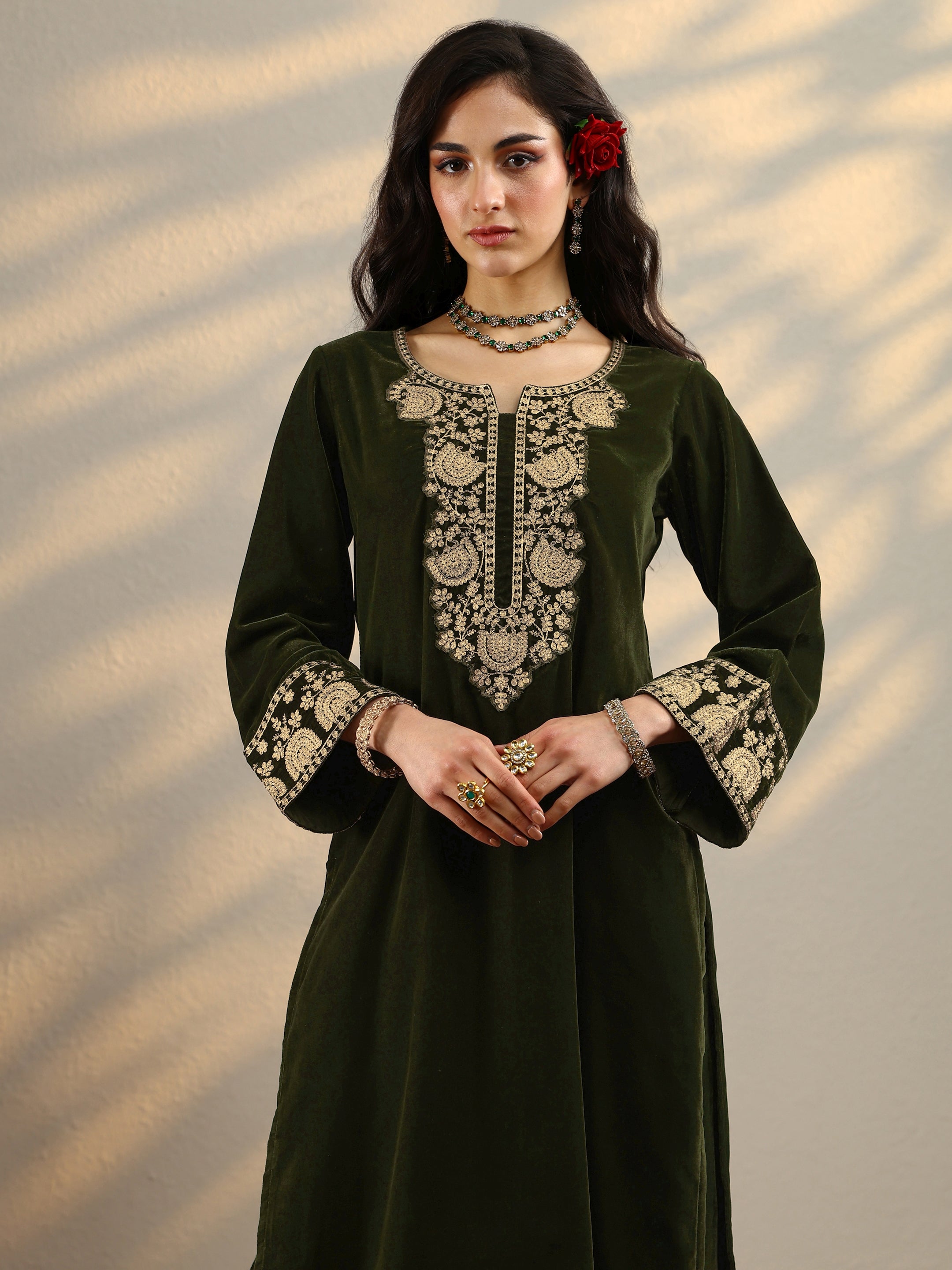 Green Yoke Design Velvet Straight Suit Set With Dupatta