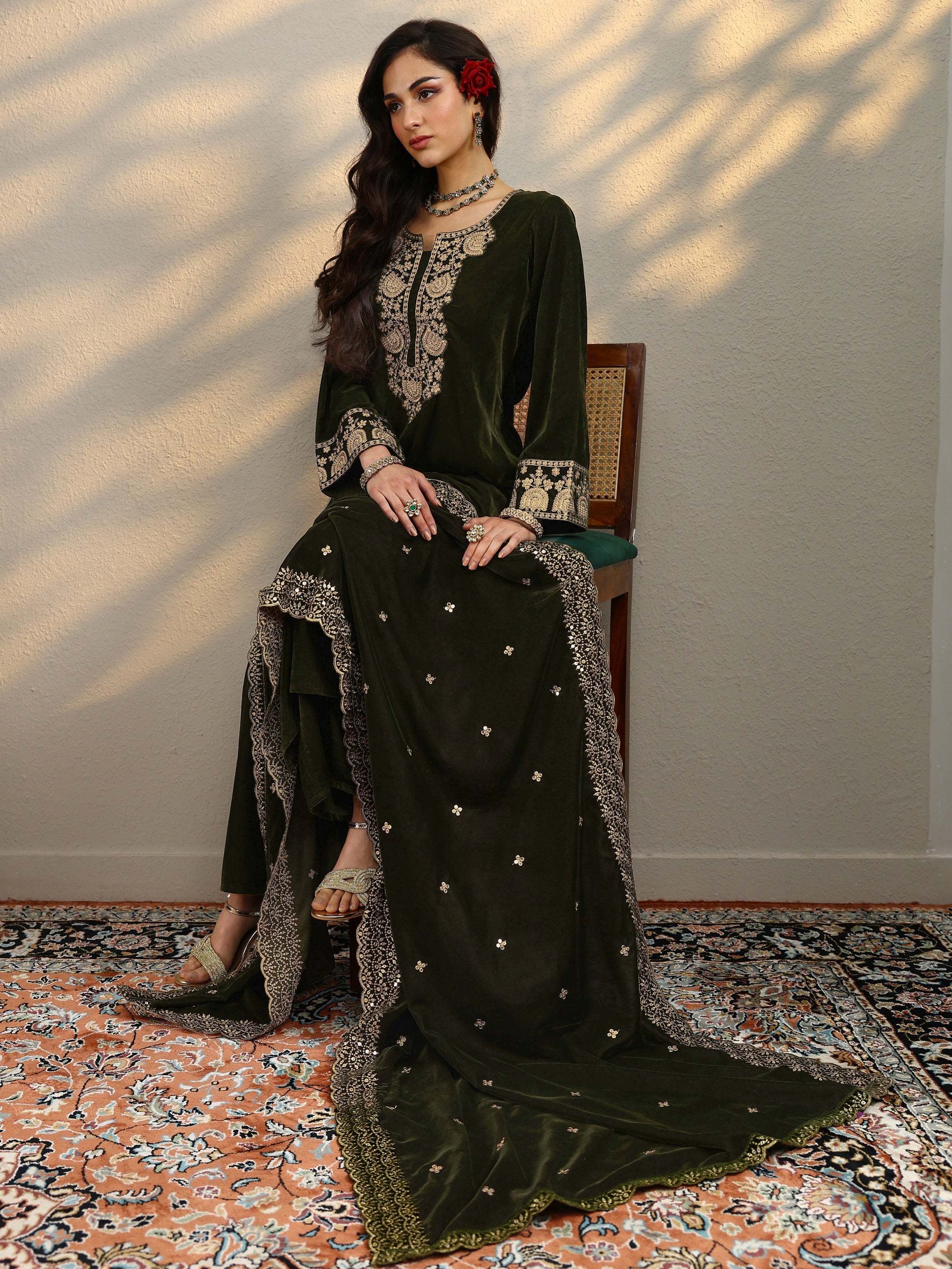 Green Yoke Design Velvet Straight Suit Set With Dupatta