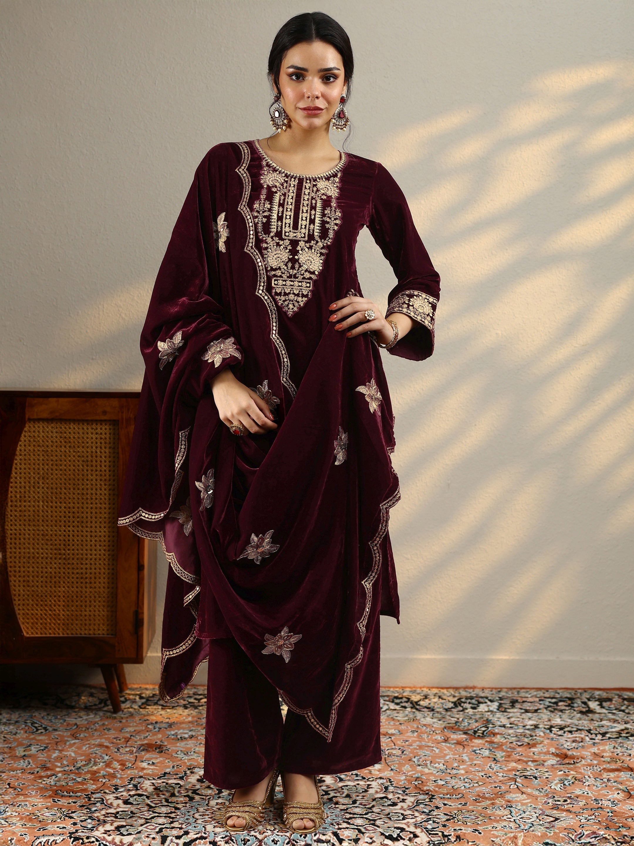 Maroon Yoke Design Velvet Straight Suit Set With Dupatta