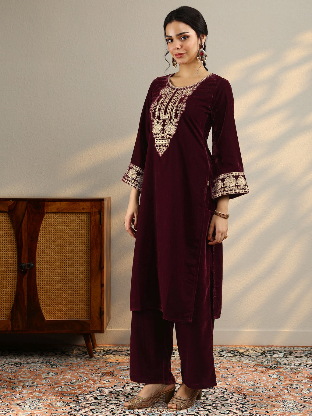 Maroon Yoke Design Velvet Straight Suit Set With Dupatta