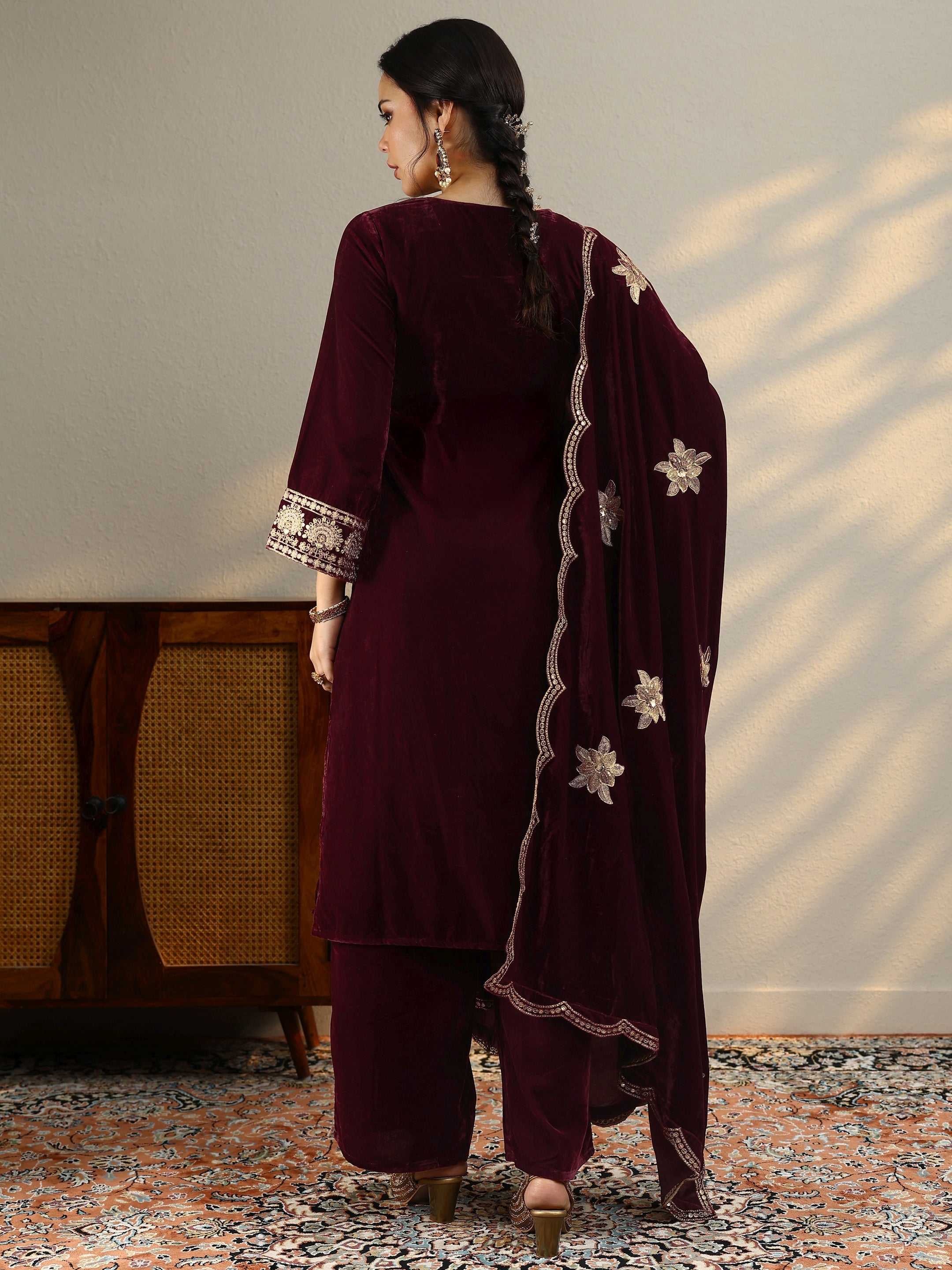 Maroon Yoke Design Velvet Straight Suit Set With Dupatta
