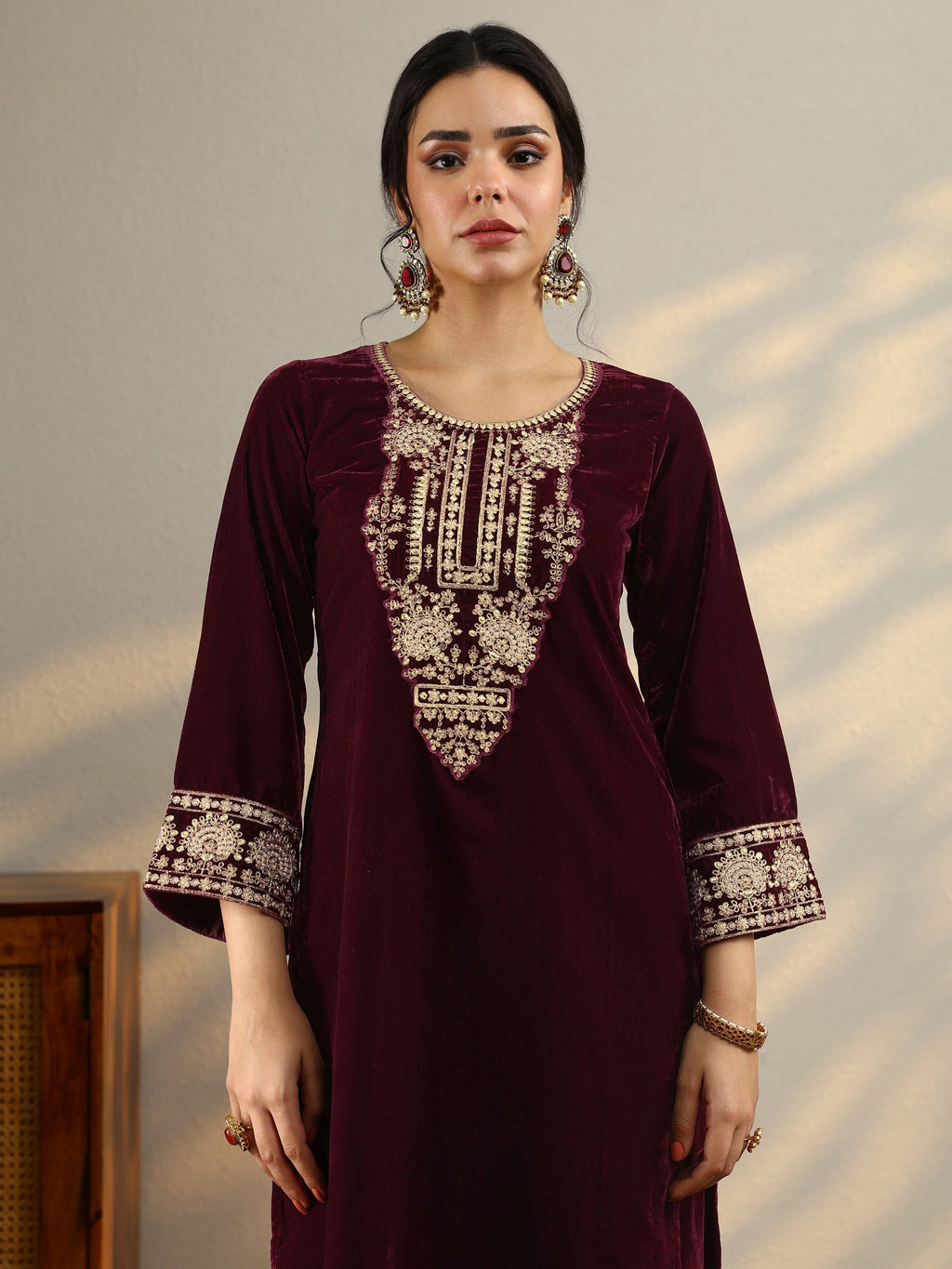 Maroon Yoke Design Velvet Straight Suit Set With Dupatta