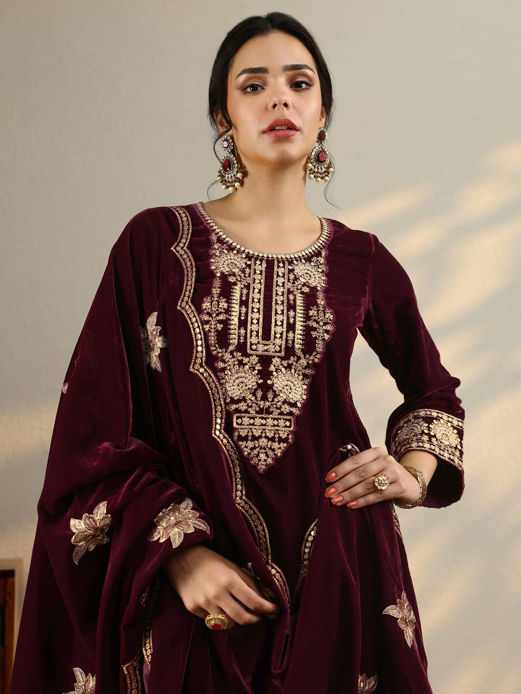 Maroon Yoke Design Velvet Straight Suit Set With Dupatta