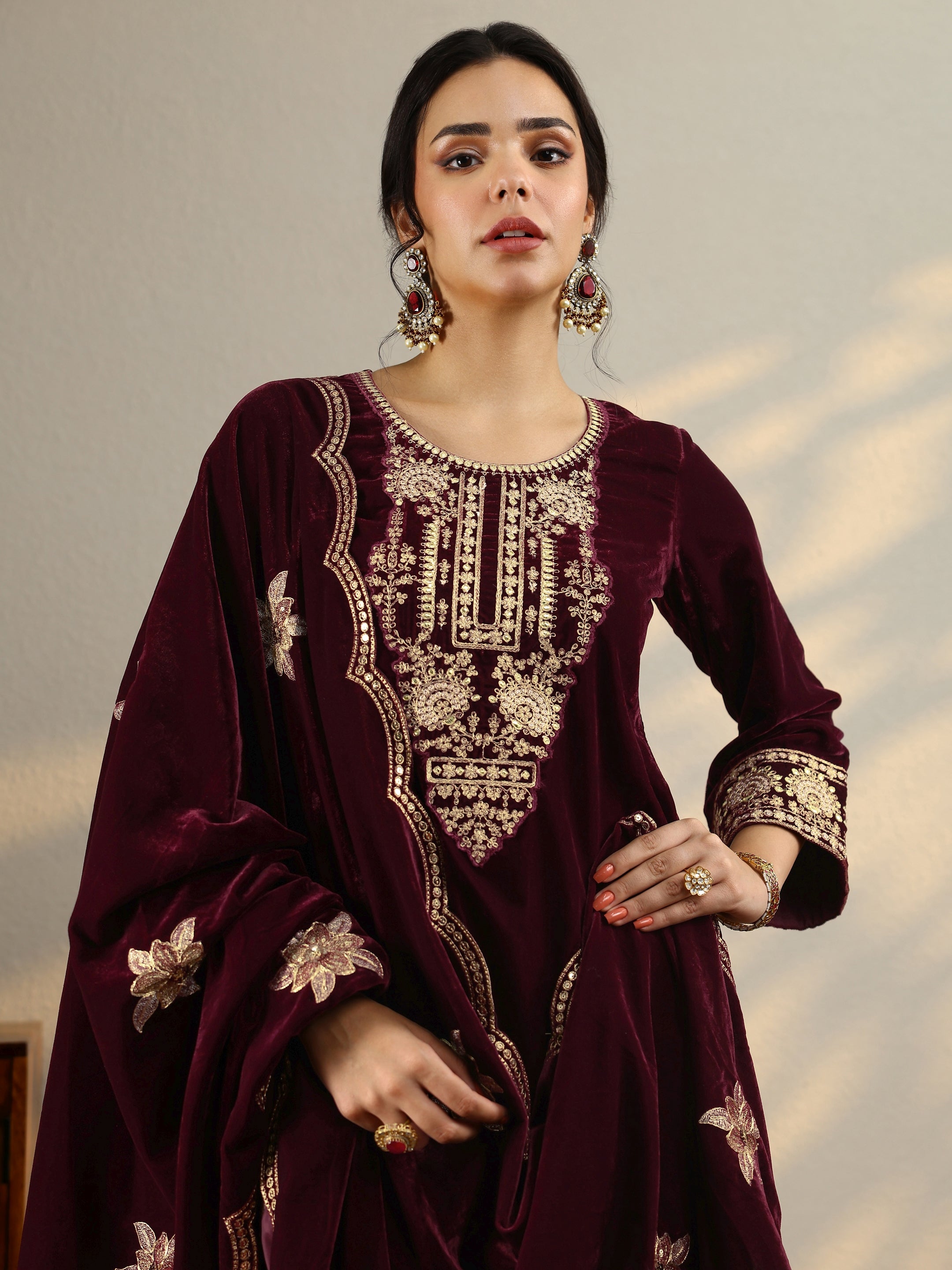 Maroon Yoke Design Velvet Straight Suit Set With Dupatta