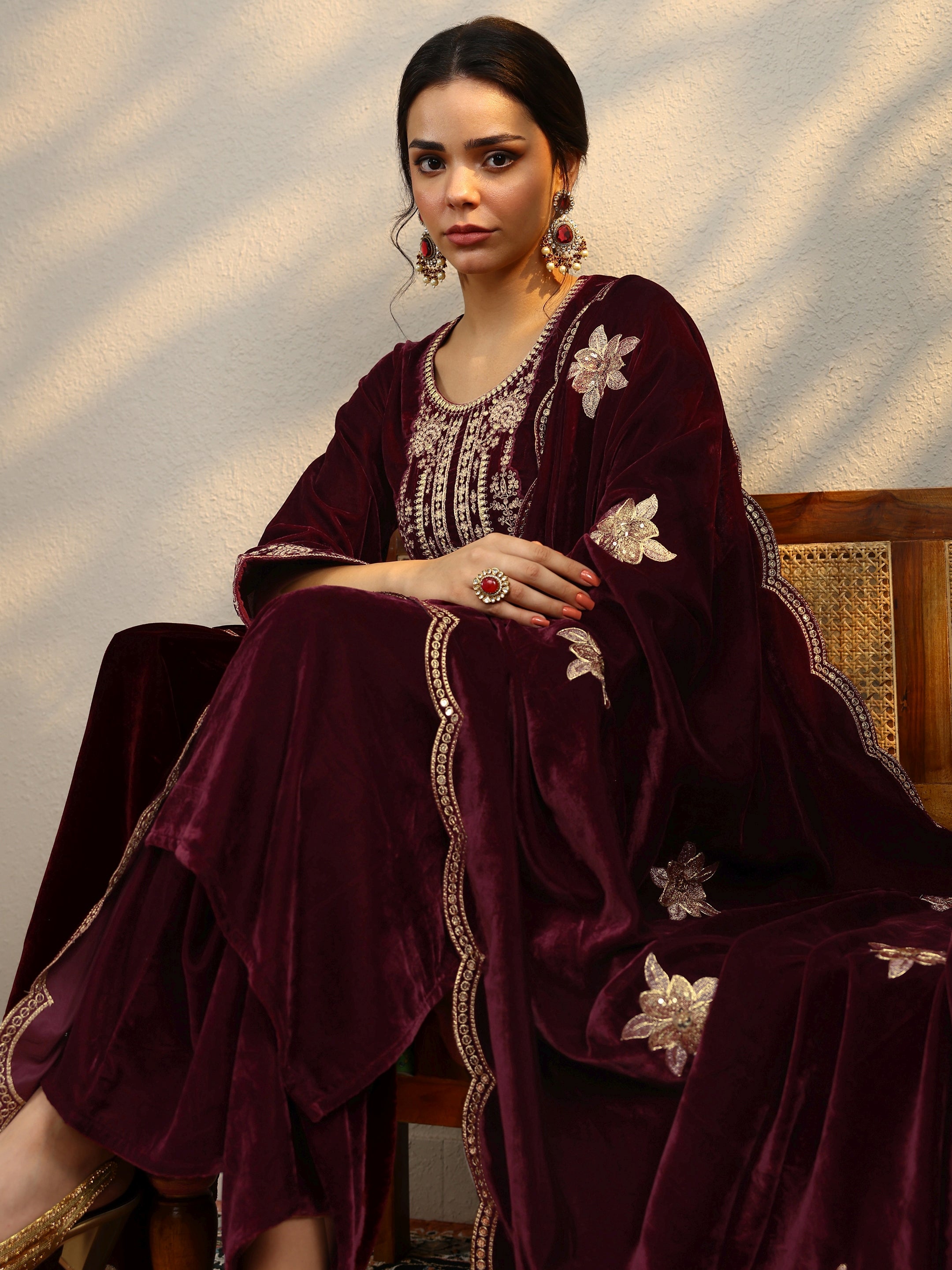 Maroon Yoke Design Velvet Straight Suit Set With Dupatta