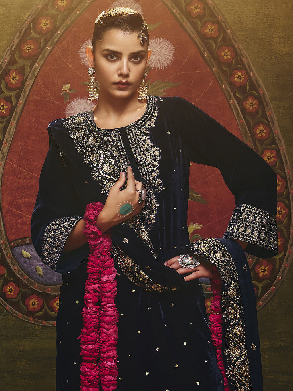 Kanak Navy Blue Embroidered Velvet Straight Suit Set With Dupatta