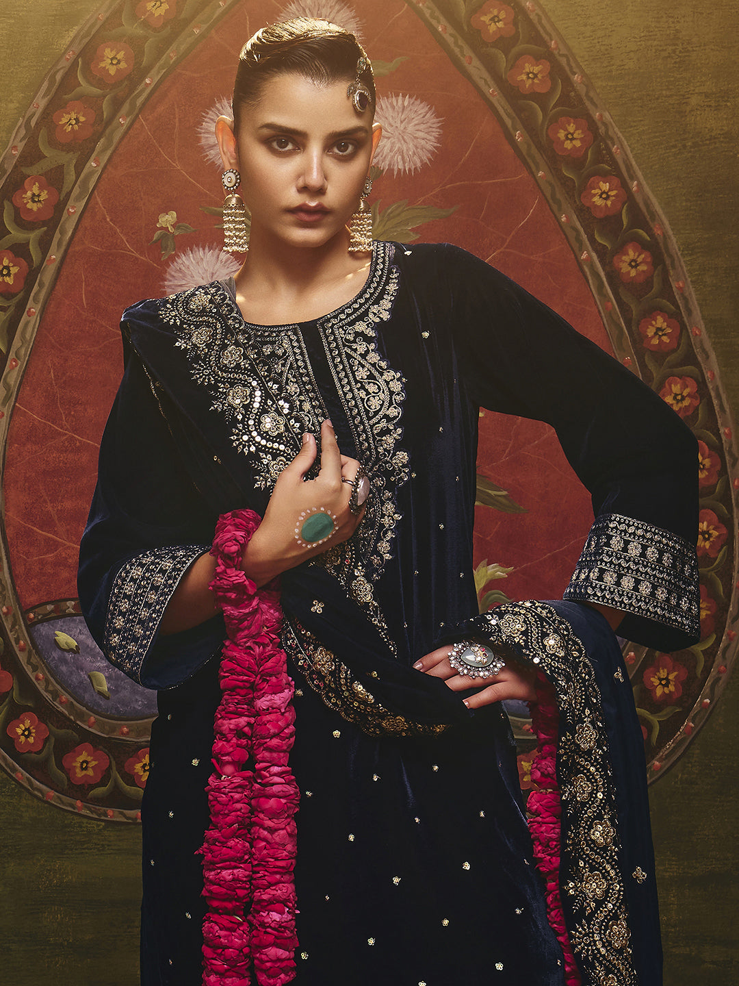 Kanak Navy Blue Embroidered Velvet Straight Suit Set With Dupatta