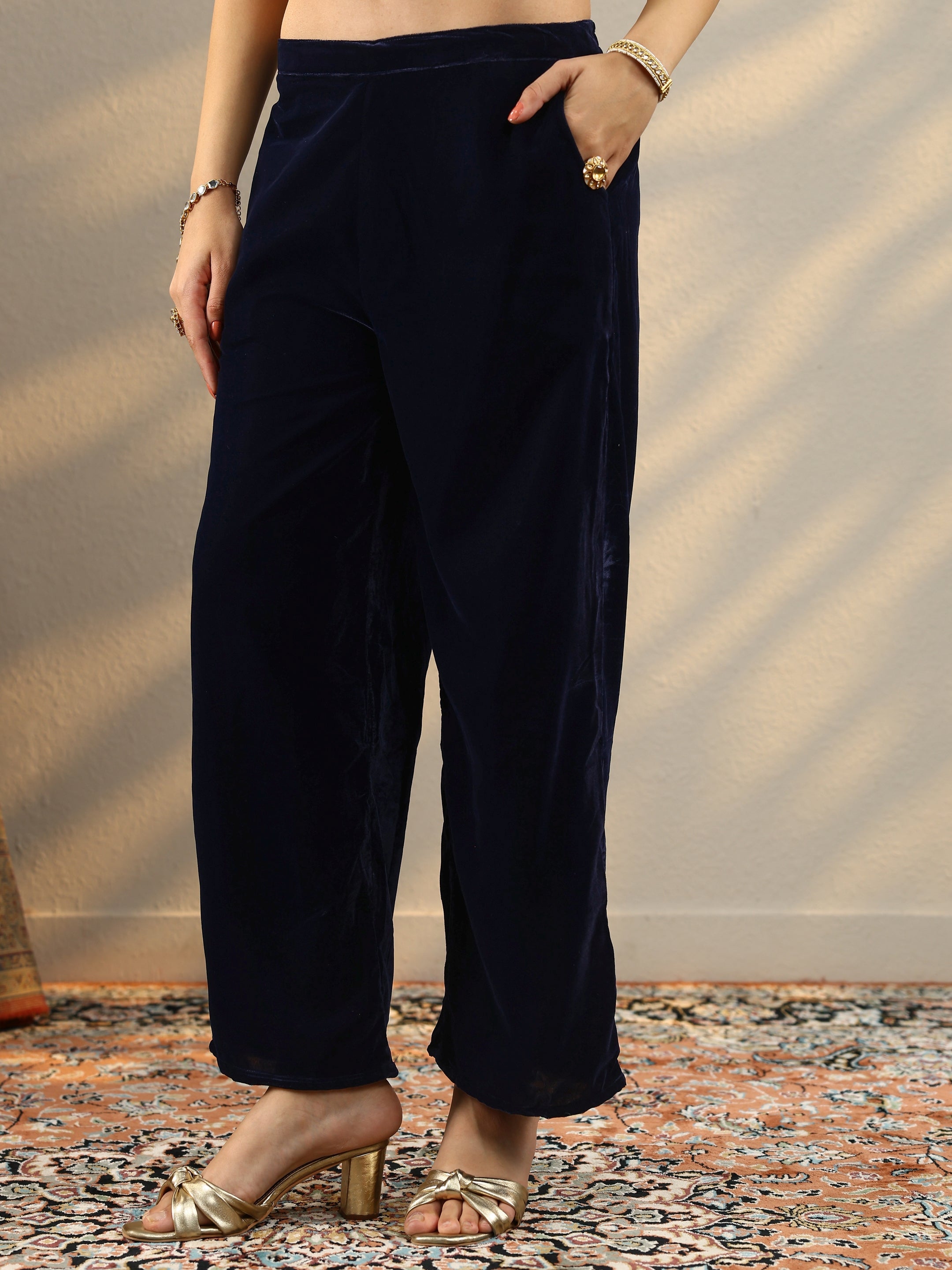 Kanak Navy Blue Embroidered Velvet Straight Suit Set With Dupatta