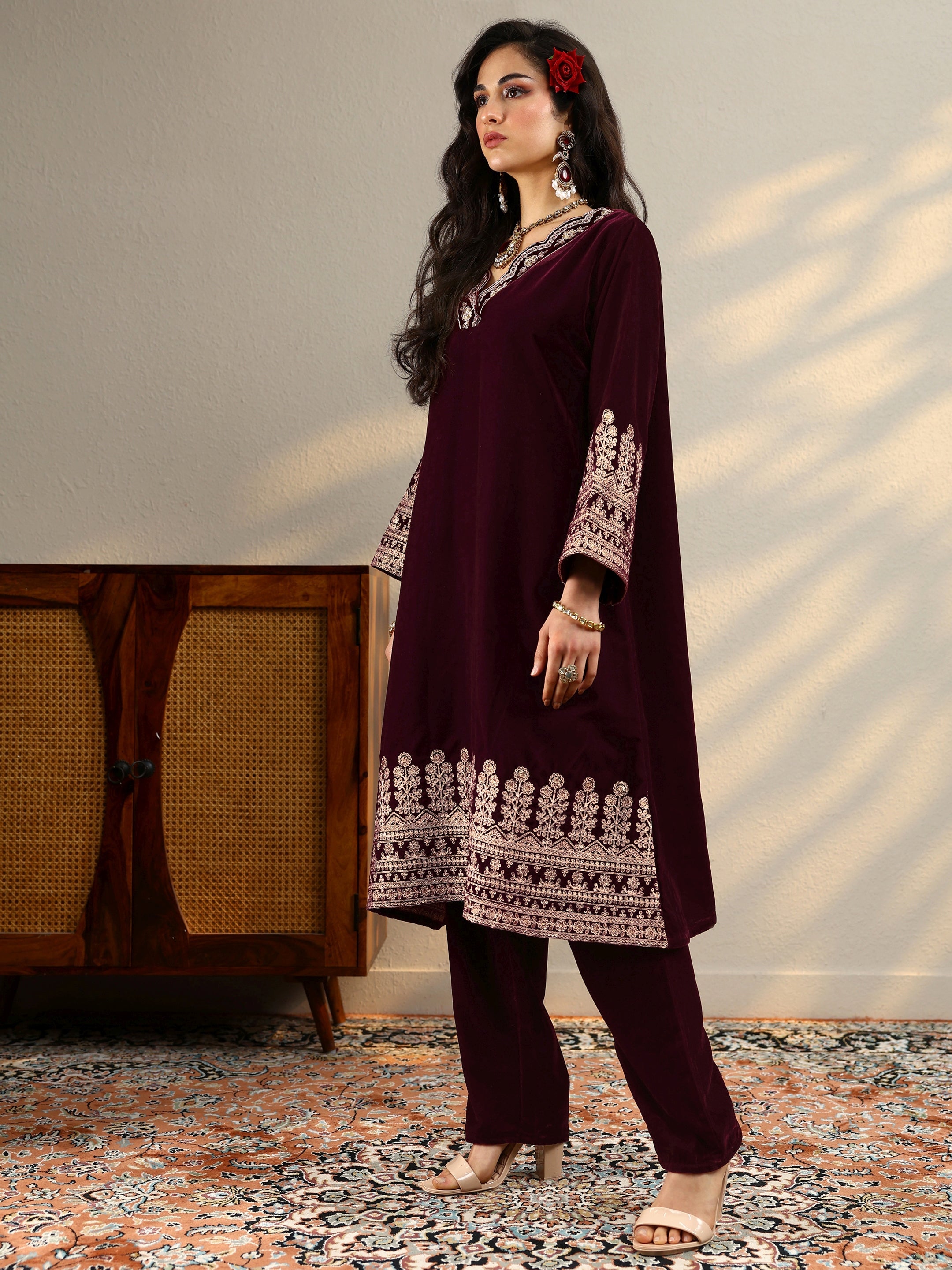 Maroon Embroidered Velvet Straight Kurta Set
