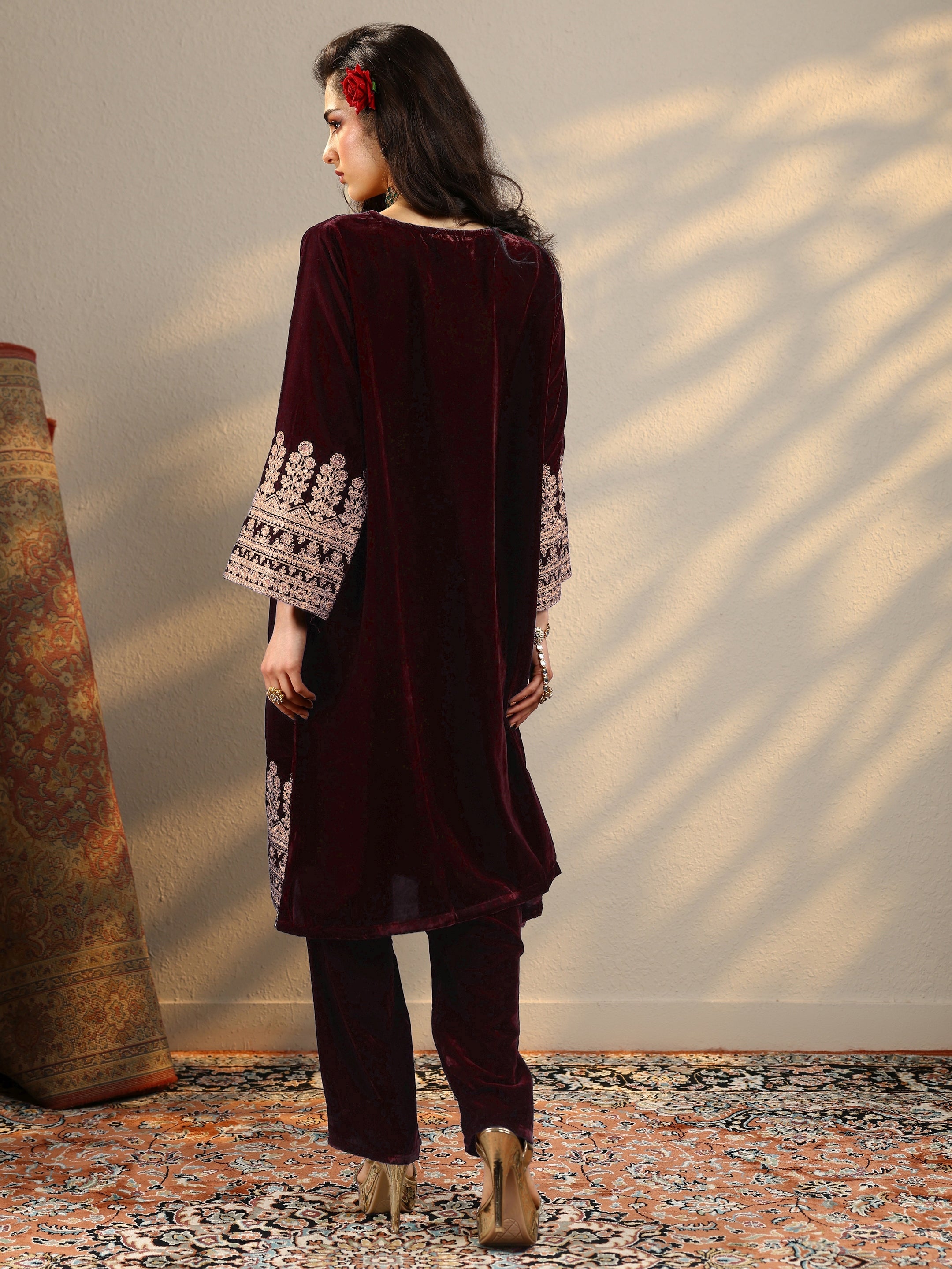 Maroon Embroidered Velvet Straight Kurta Set
