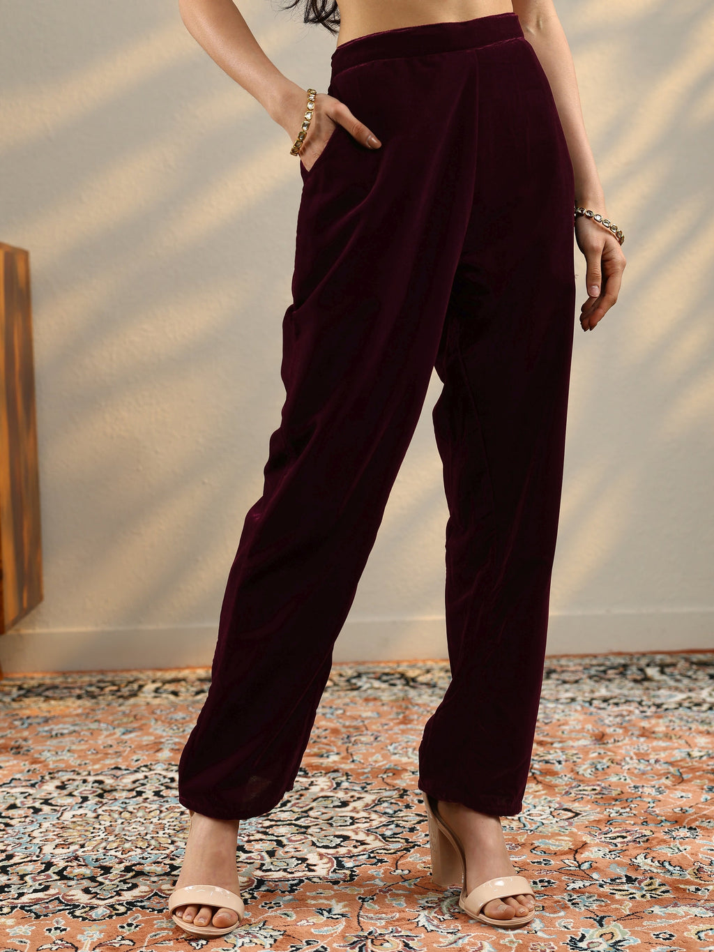 Maroon Embroidered Velvet Straight Kurta Set