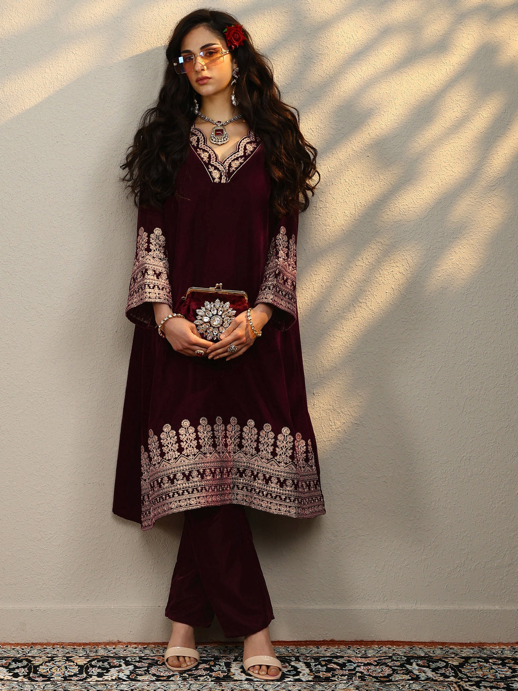 Maroon Embroidered Velvet Straight Kurta Set