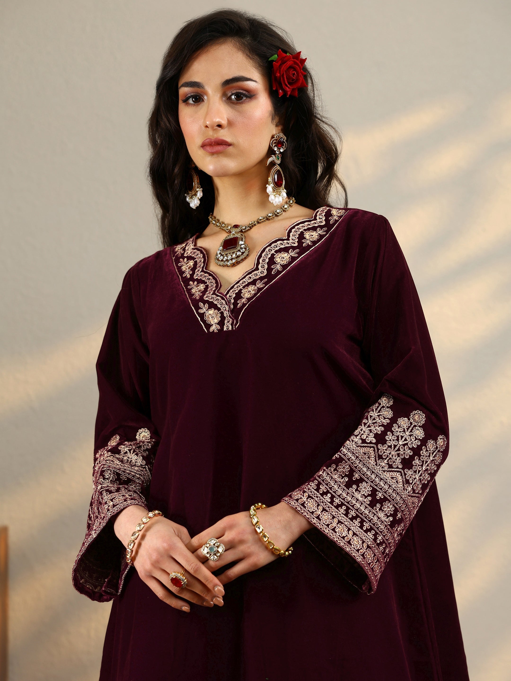 Maroon Embroidered Velvet Straight Kurta Set