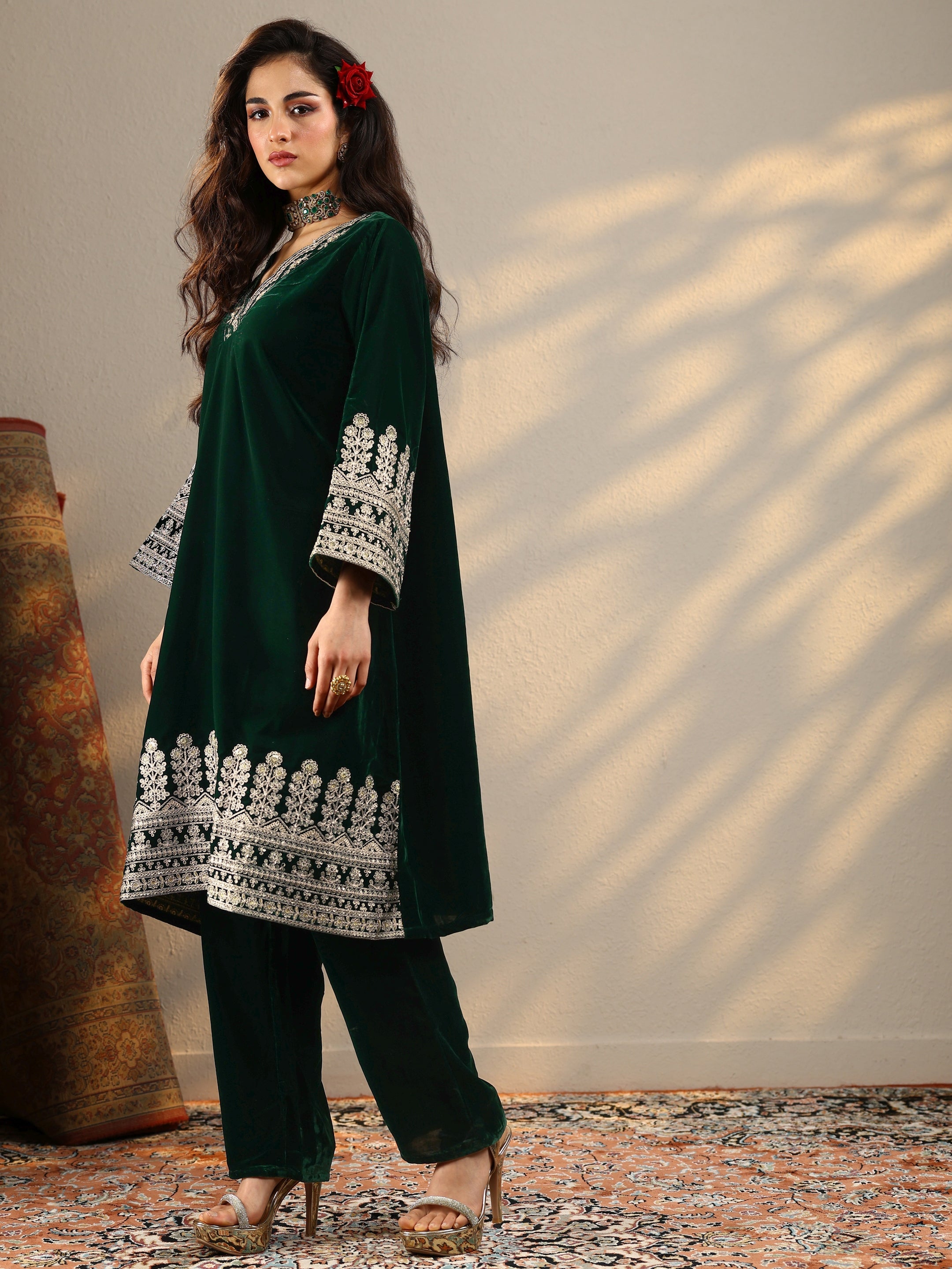 Green Embroidered Velvet Straight Kurta Set
