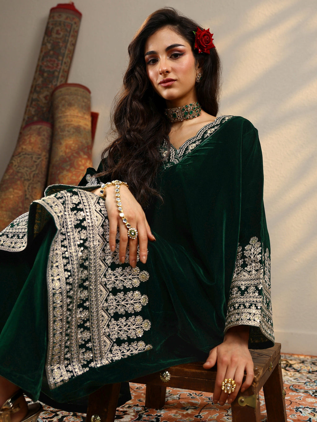 Green Embroidered Velvet Straight Kurta Set