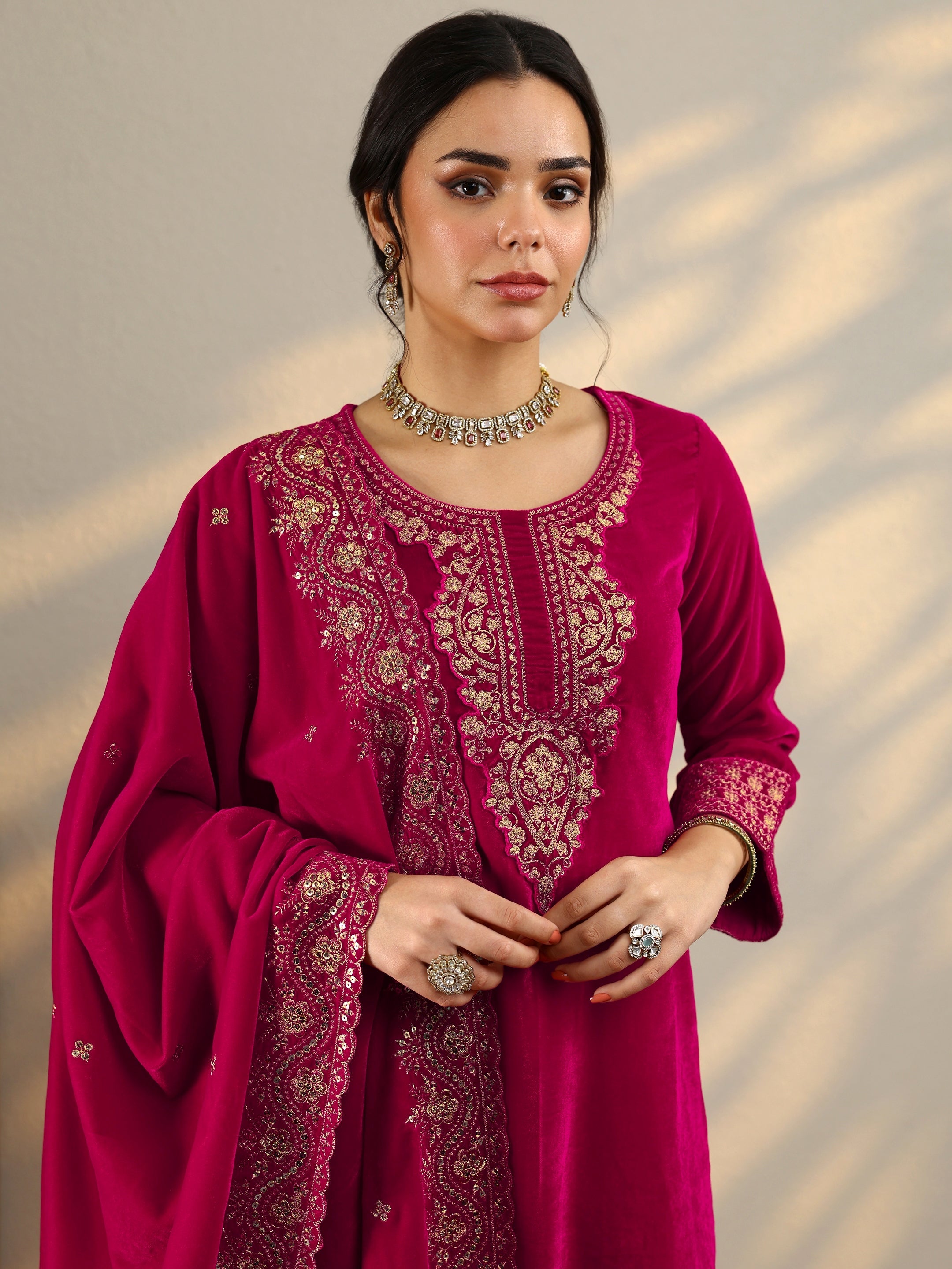 Pink Yoke Design Velvet Straight Suit Set With Dupatta