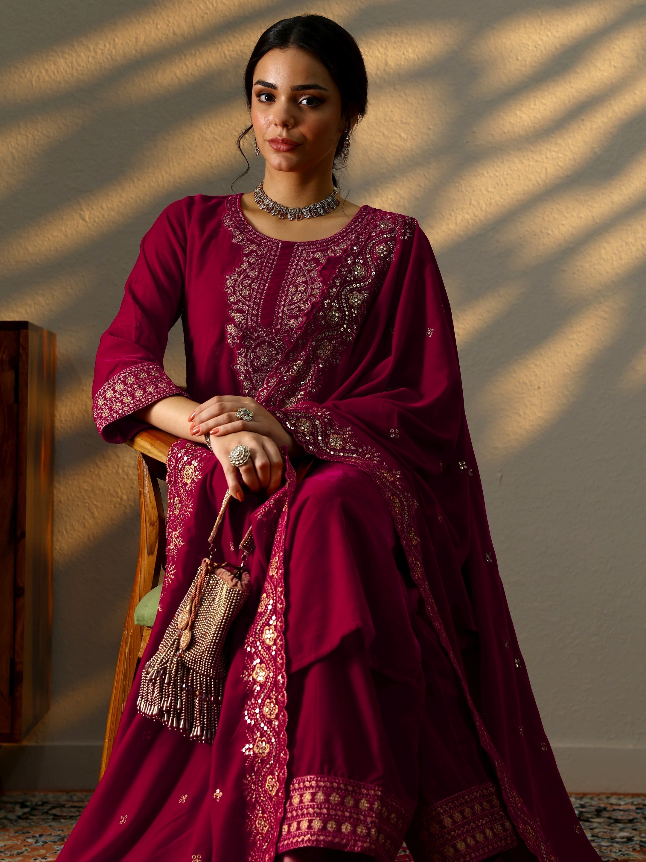 Pink Yoke Design Velvet Straight Suit Set With Dupatta