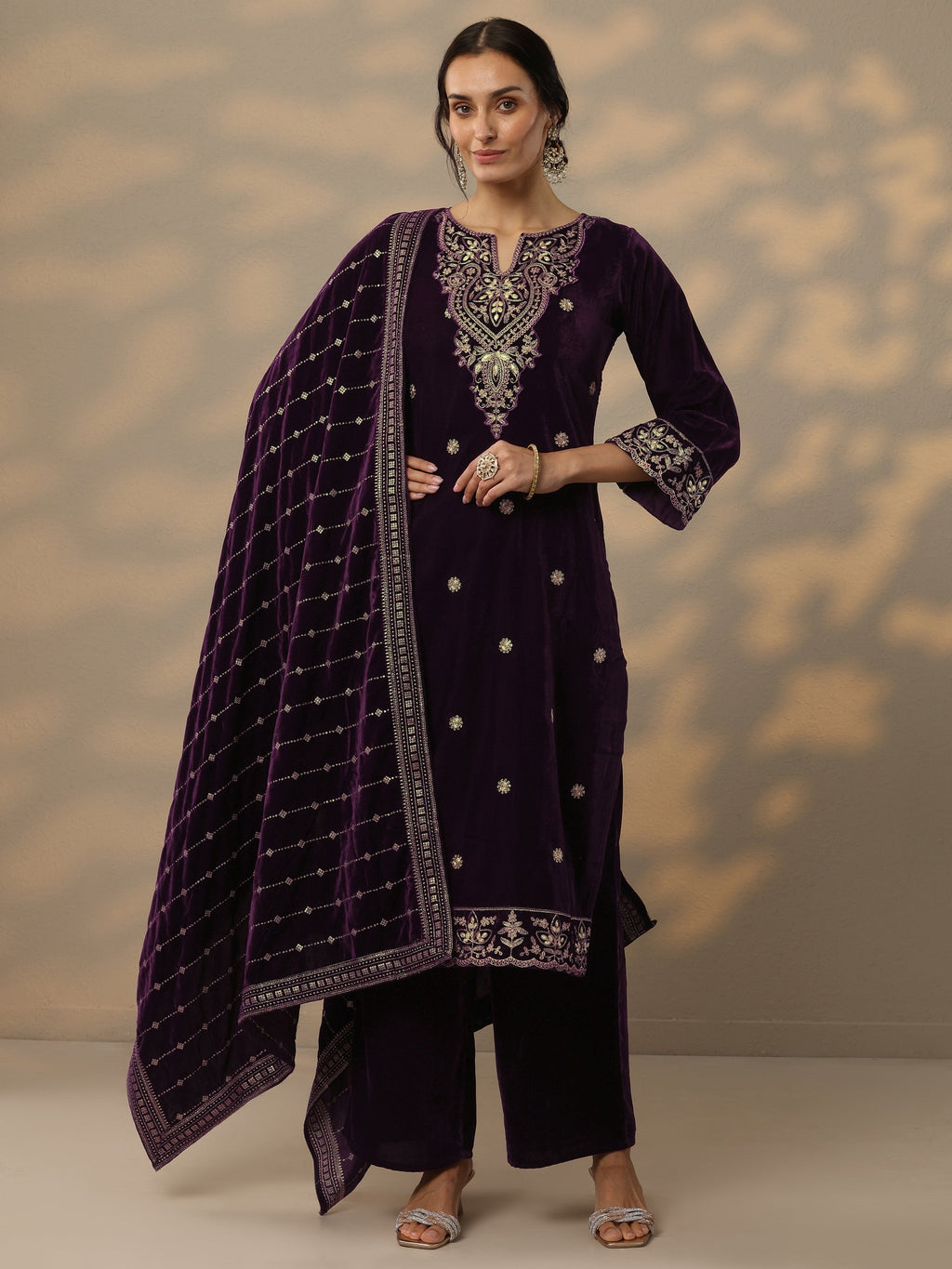 Burgundy Embroidered Velvet Straight Suit Set With Dupatta