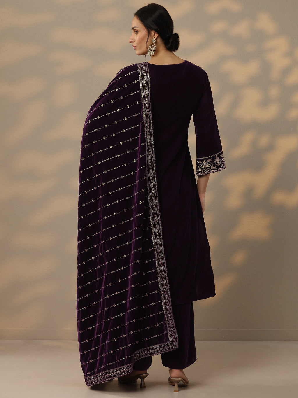 Burgundy Embroidered Velvet Straight Suit Set With Dupatta