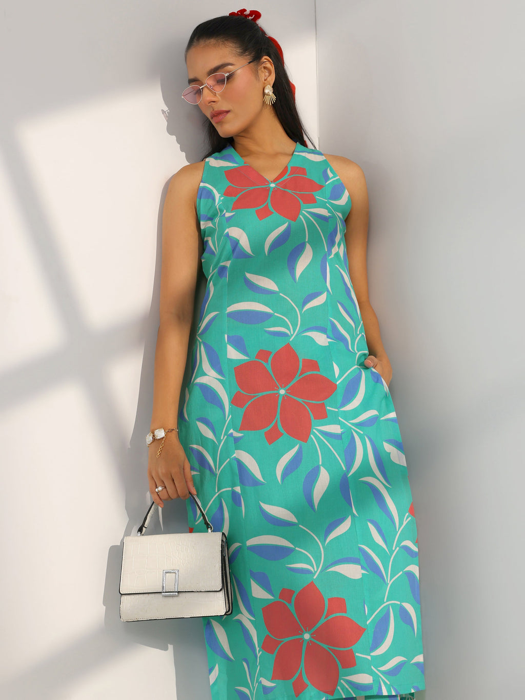 Blue Printed Rayon Straight Kurta Set