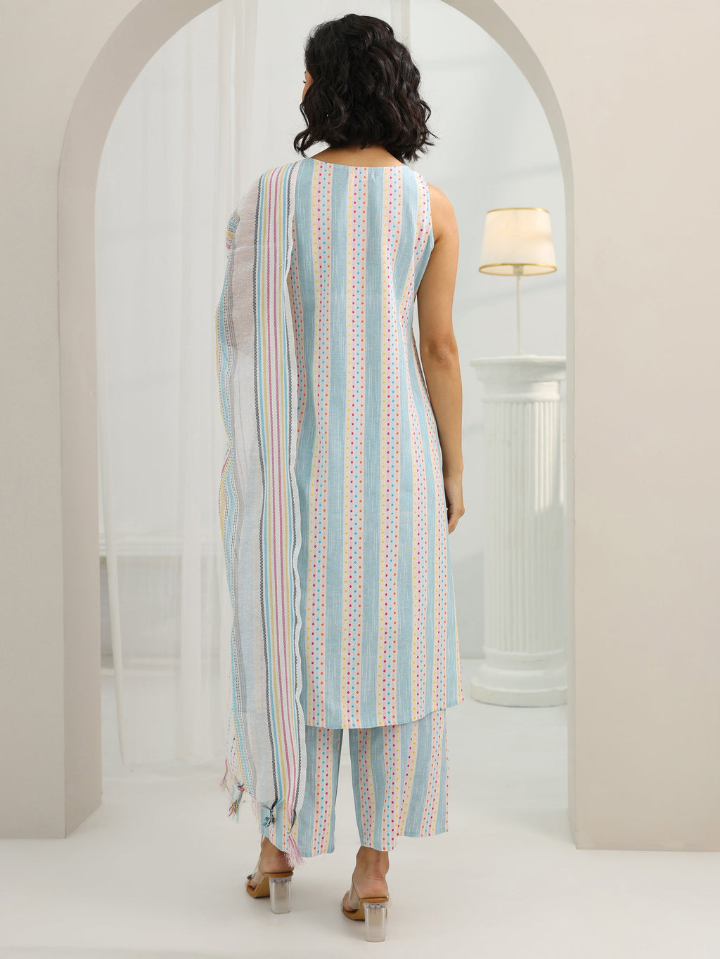 Blue Woven Design Cotton Blend Straight Suit Set With Dupatta