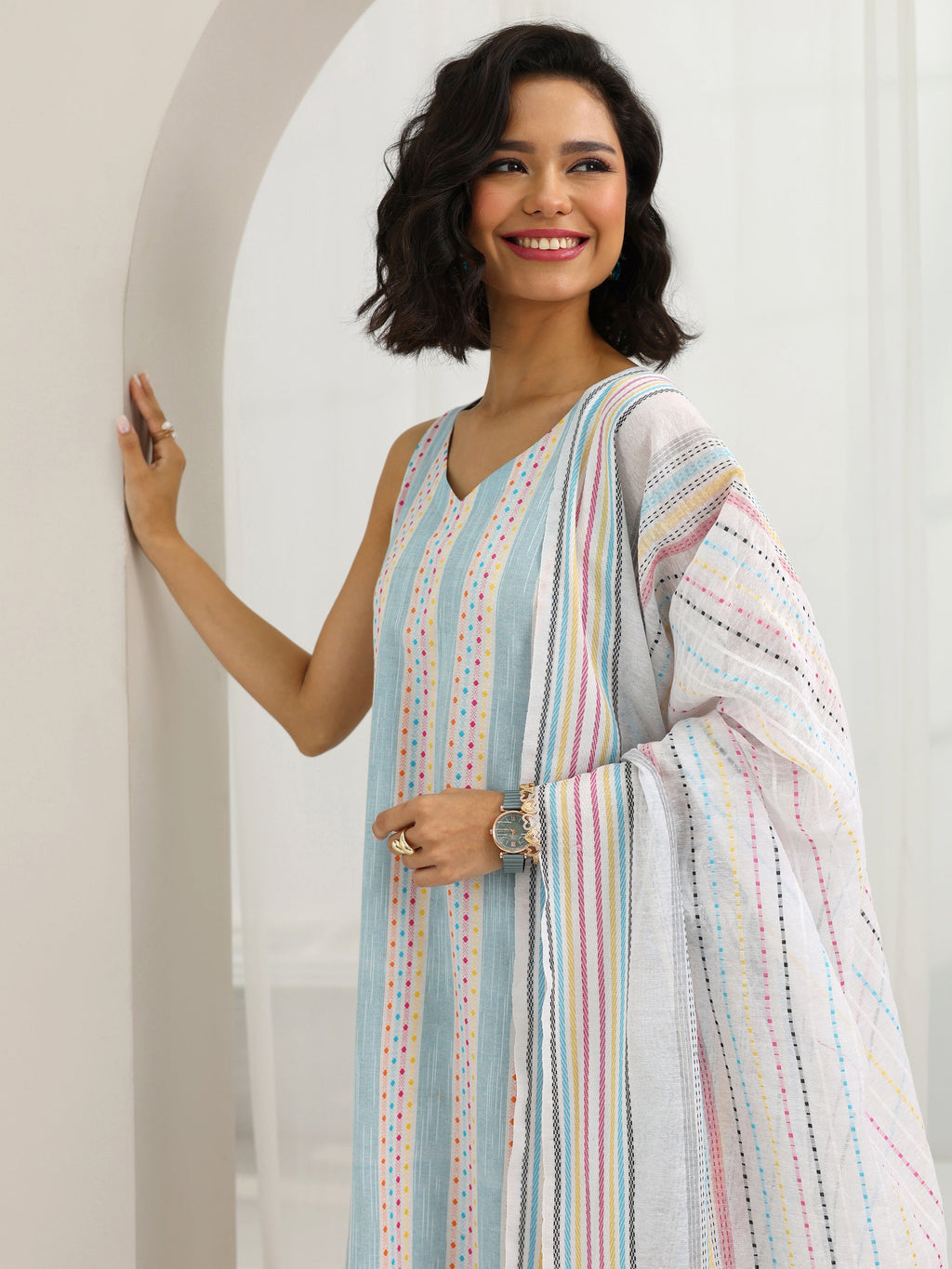 Blue Woven Design Cotton Blend Straight Suit Set With Dupatta