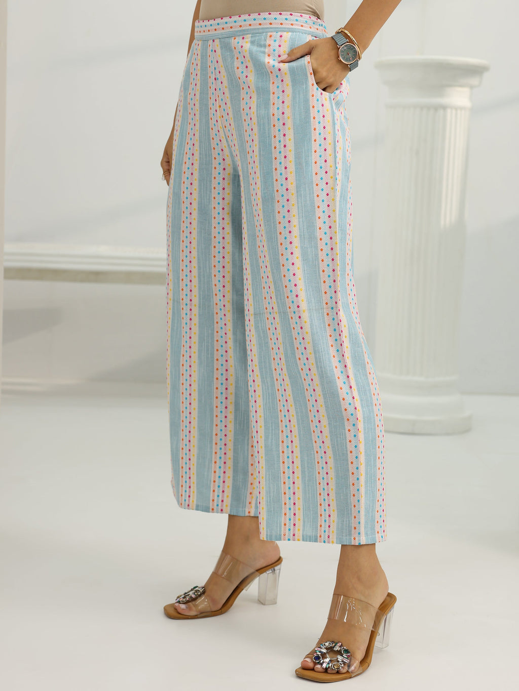 Blue Woven Design Cotton Blend Straight Suit Set With Dupatta