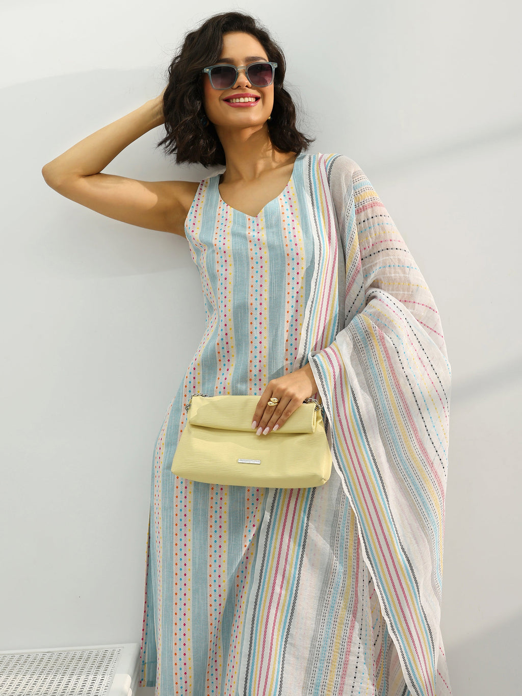 Blue Woven Design Cotton Blend Straight Suit Set With Dupatta