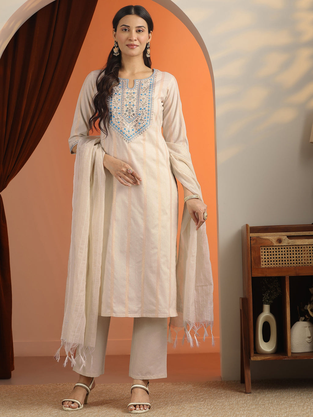 Off White Embroidered Cotton Blend Straight Suit Set With Dupatta