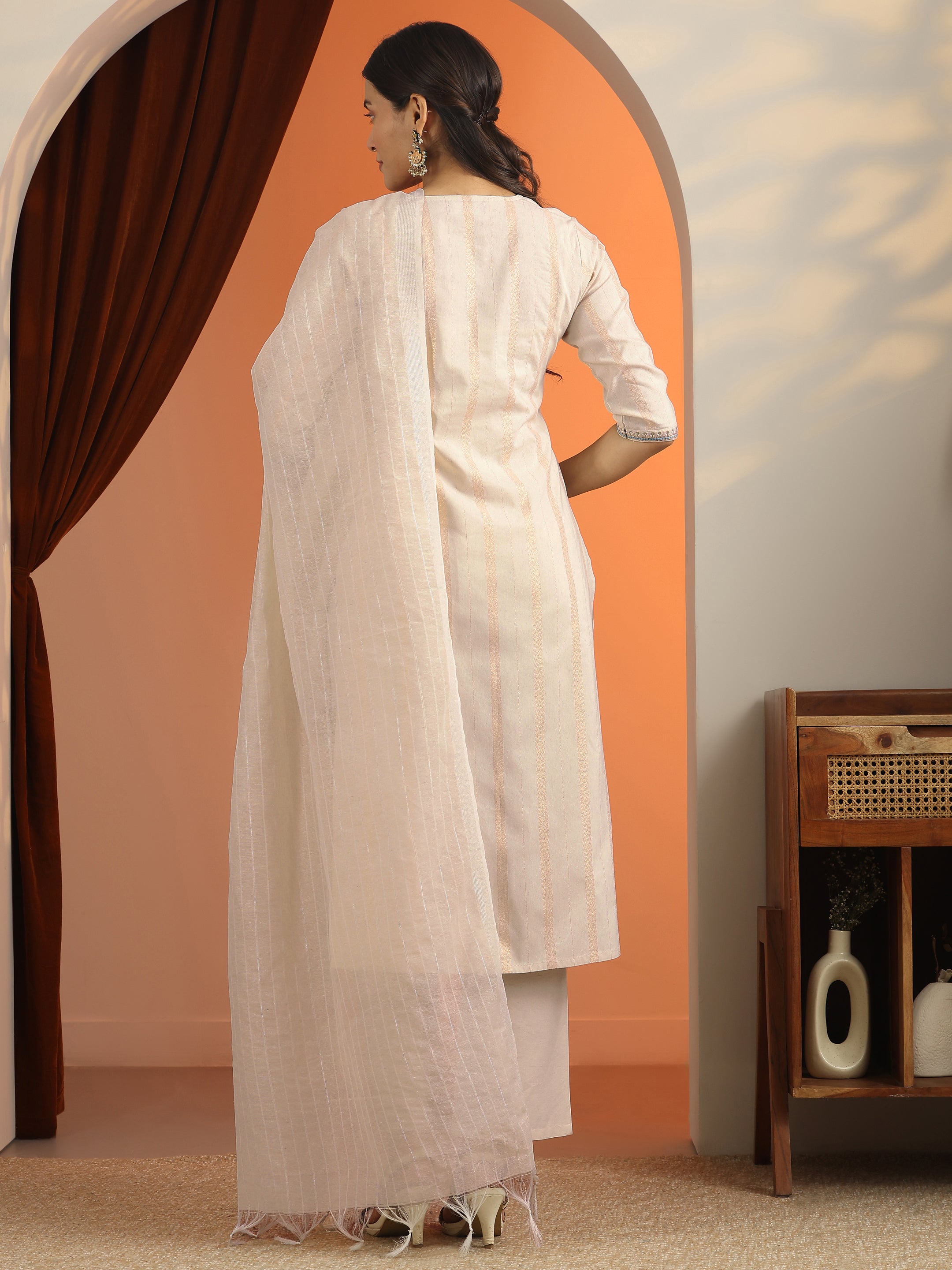 Off White Embroidered Cotton Blend Straight Suit Set With Dupatta