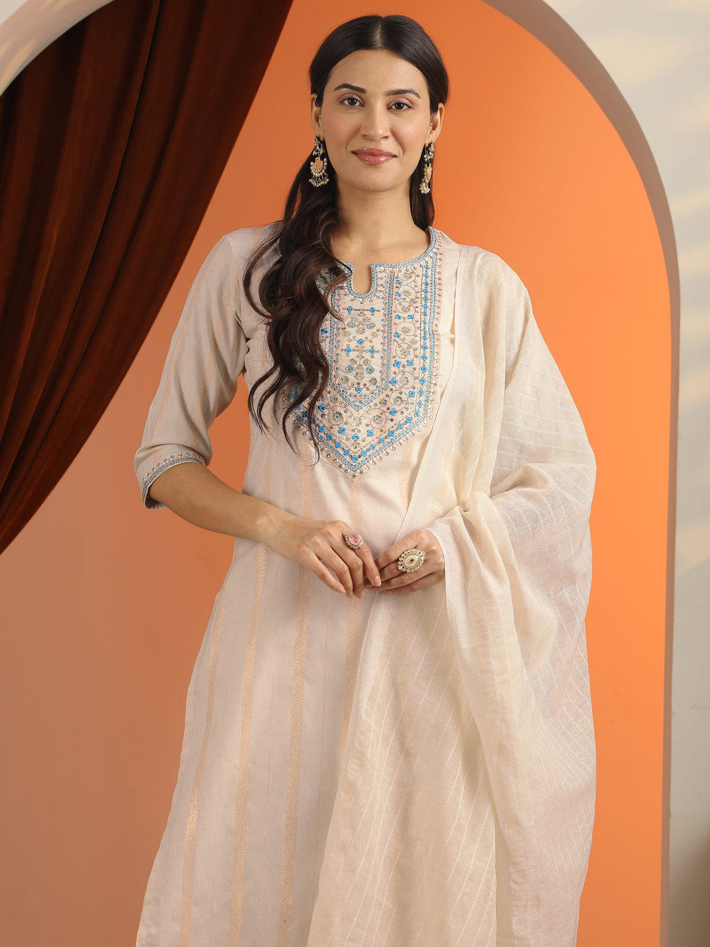 Off White Embroidered Cotton Blend Straight Suit Set With Dupatta