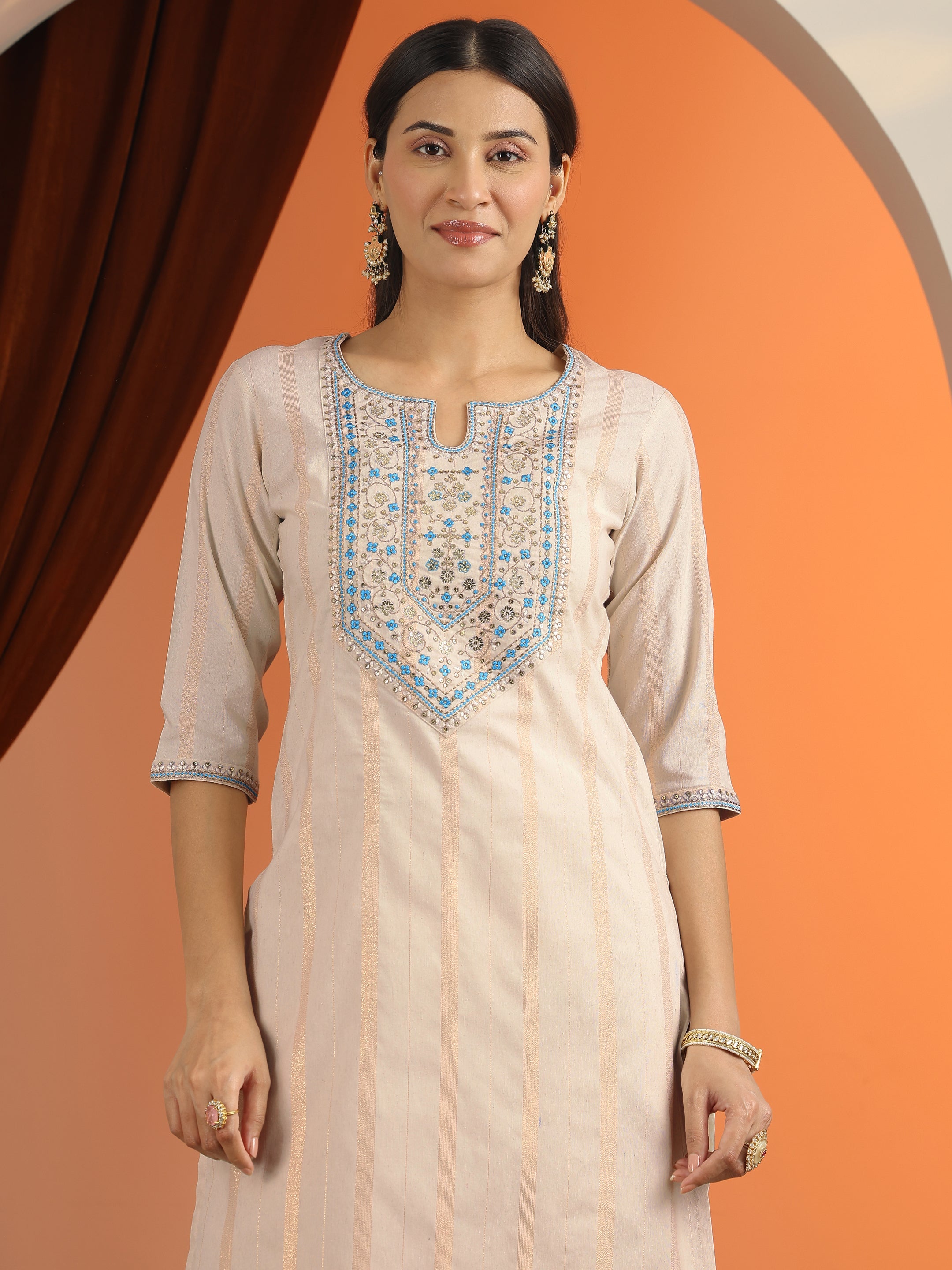 Off White Embroidered Cotton Blend Straight Suit Set With Dupatta
