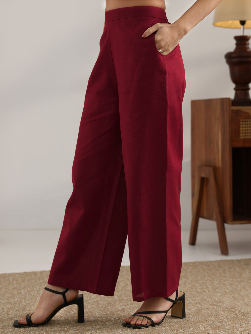 Maroon Embroidered Cotton Straight Kurta Set
