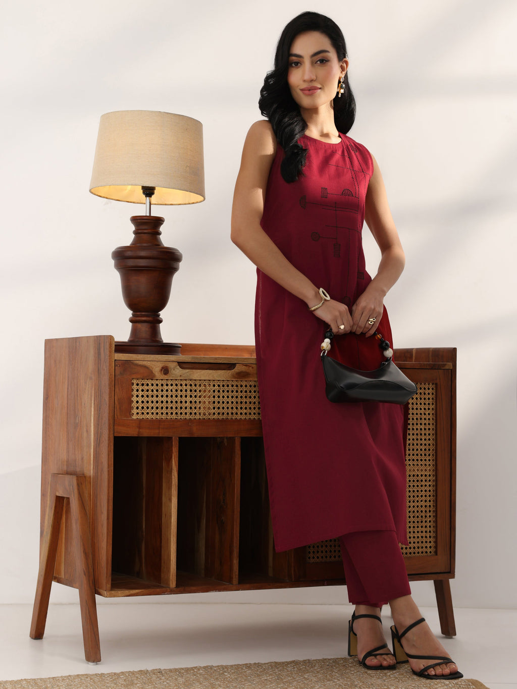Maroon Embroidered Cotton Straight Kurta Set