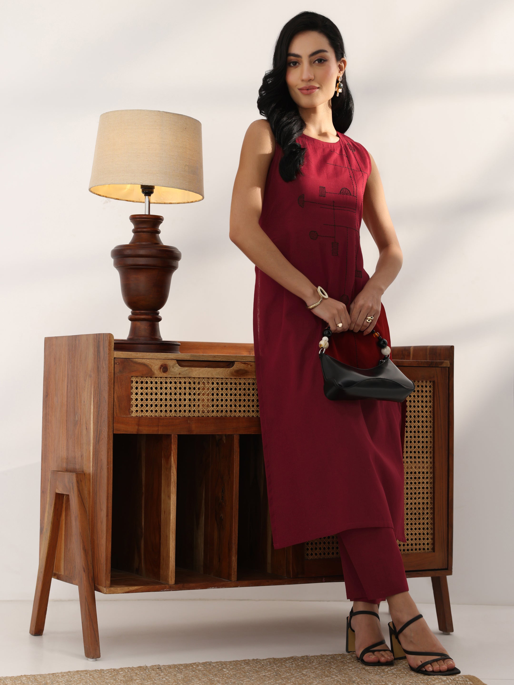 Maroon Embroidered Cotton Straight Kurta Set