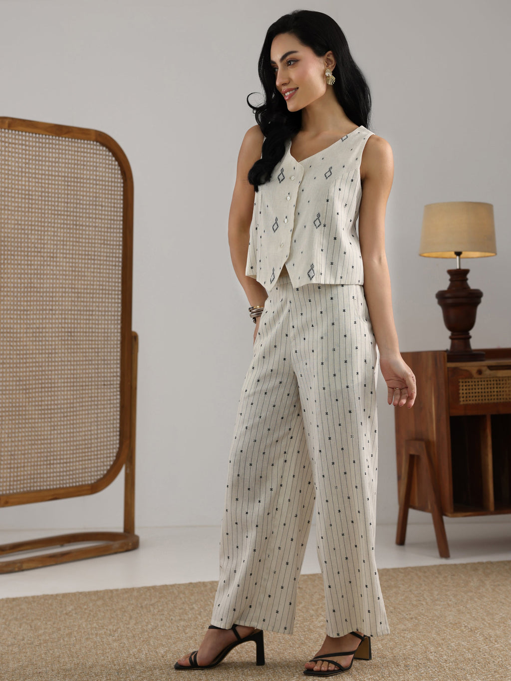 Off White Woven Design Cotton Blend  Co-Ord Set