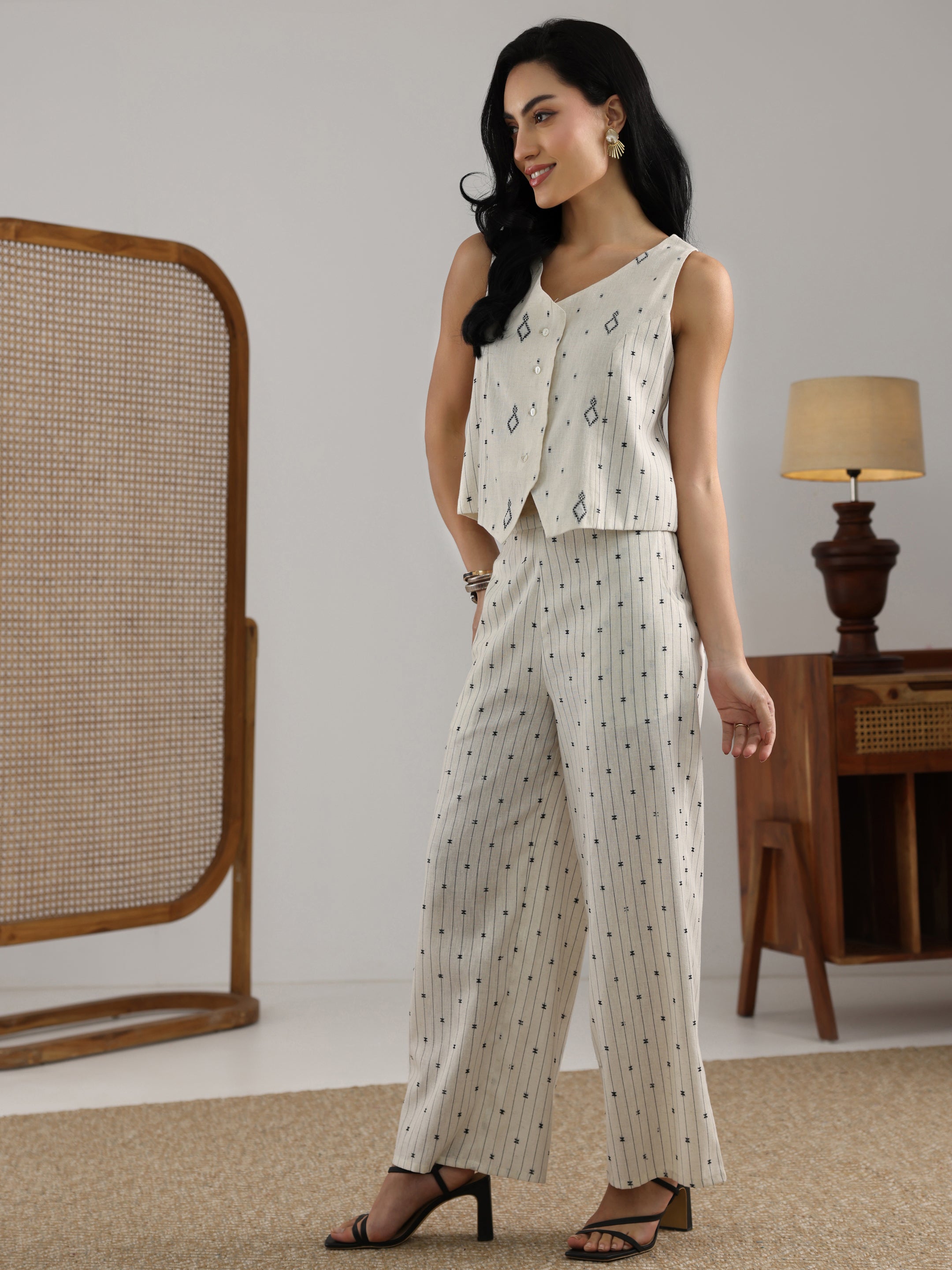 Off White Woven Design Cotton Blend  Co-Ord Set