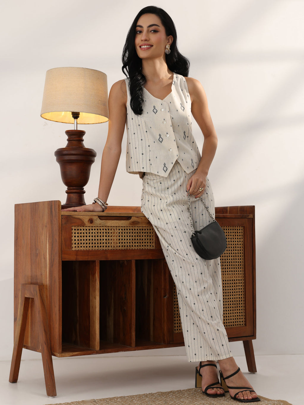 Off White Woven Design Cotton Blend  Co-Ord Set