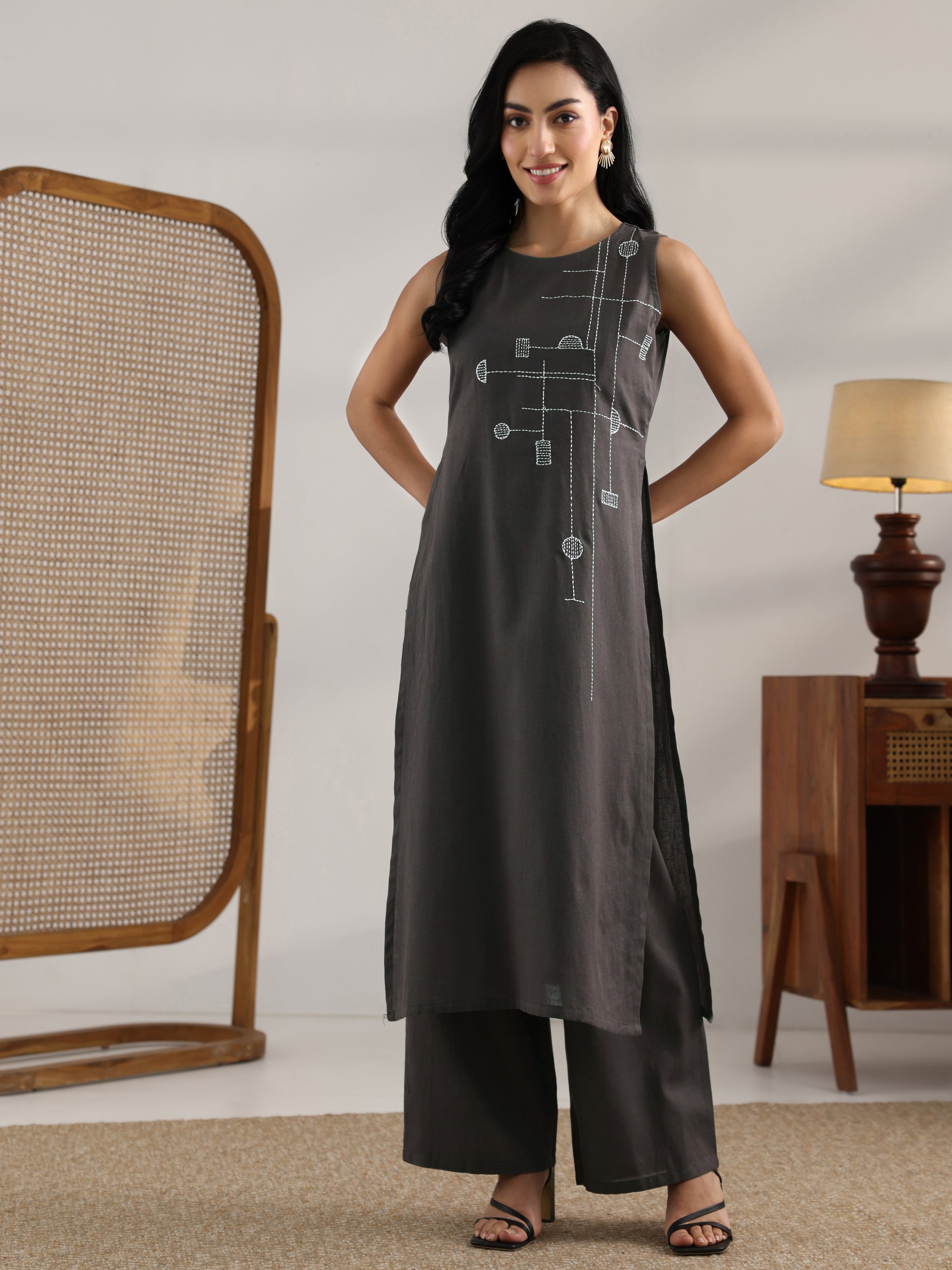 Grey Embroidered Cotton Straight Kurta Set